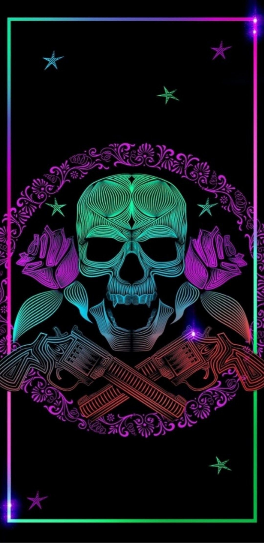 IPhone wallpaper with neon skull and guns - Skull