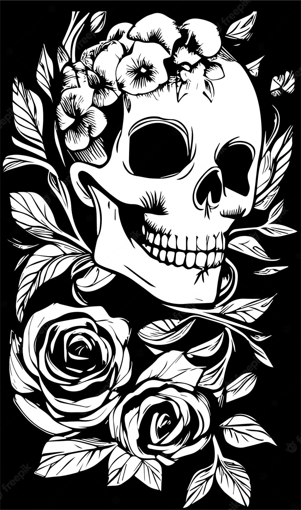 A skull with flowers and roses on black background - Skull