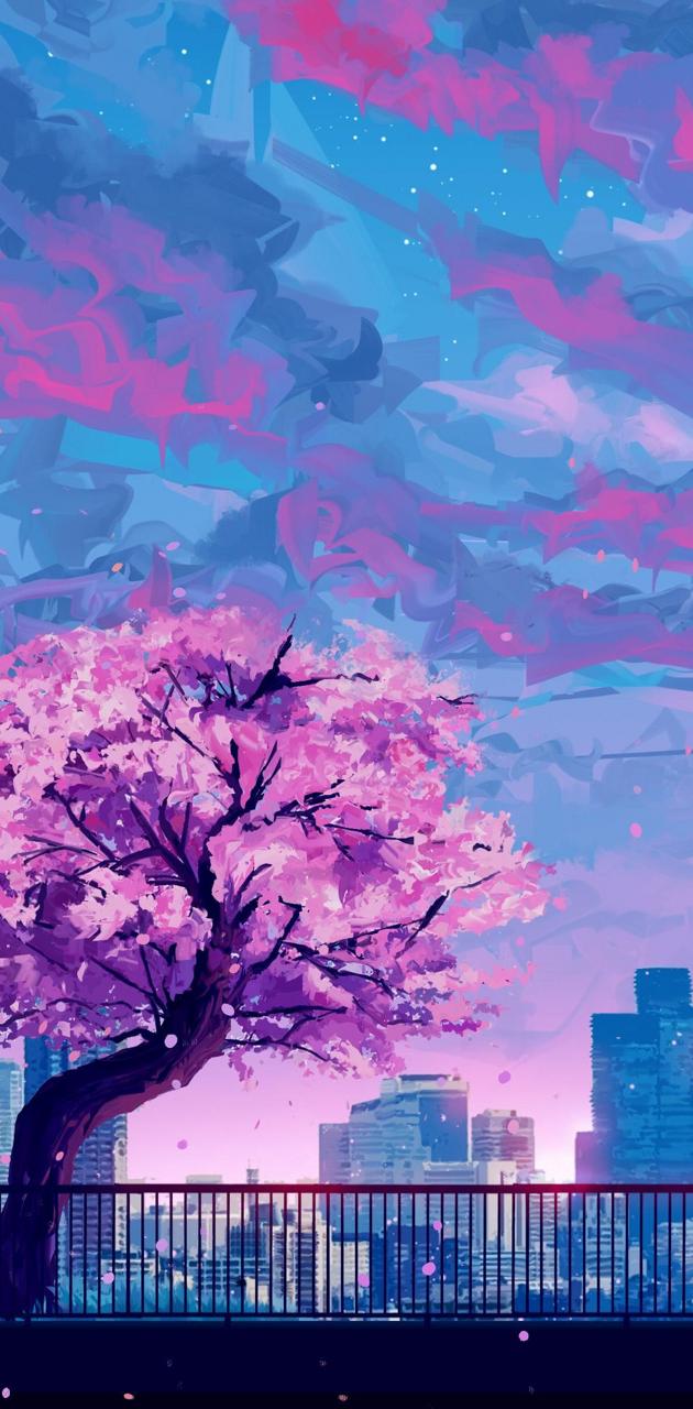A painting of pink cherry blossoms and city buildings - Anime, anime city, blue anime, cool