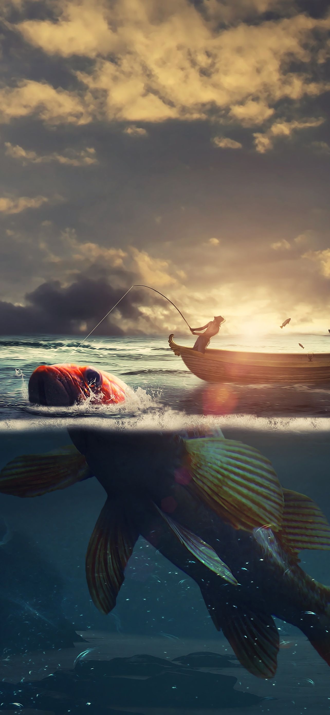 Surreal Wallpaper 4K, Fishing, Boat, Sea, Fantasy
