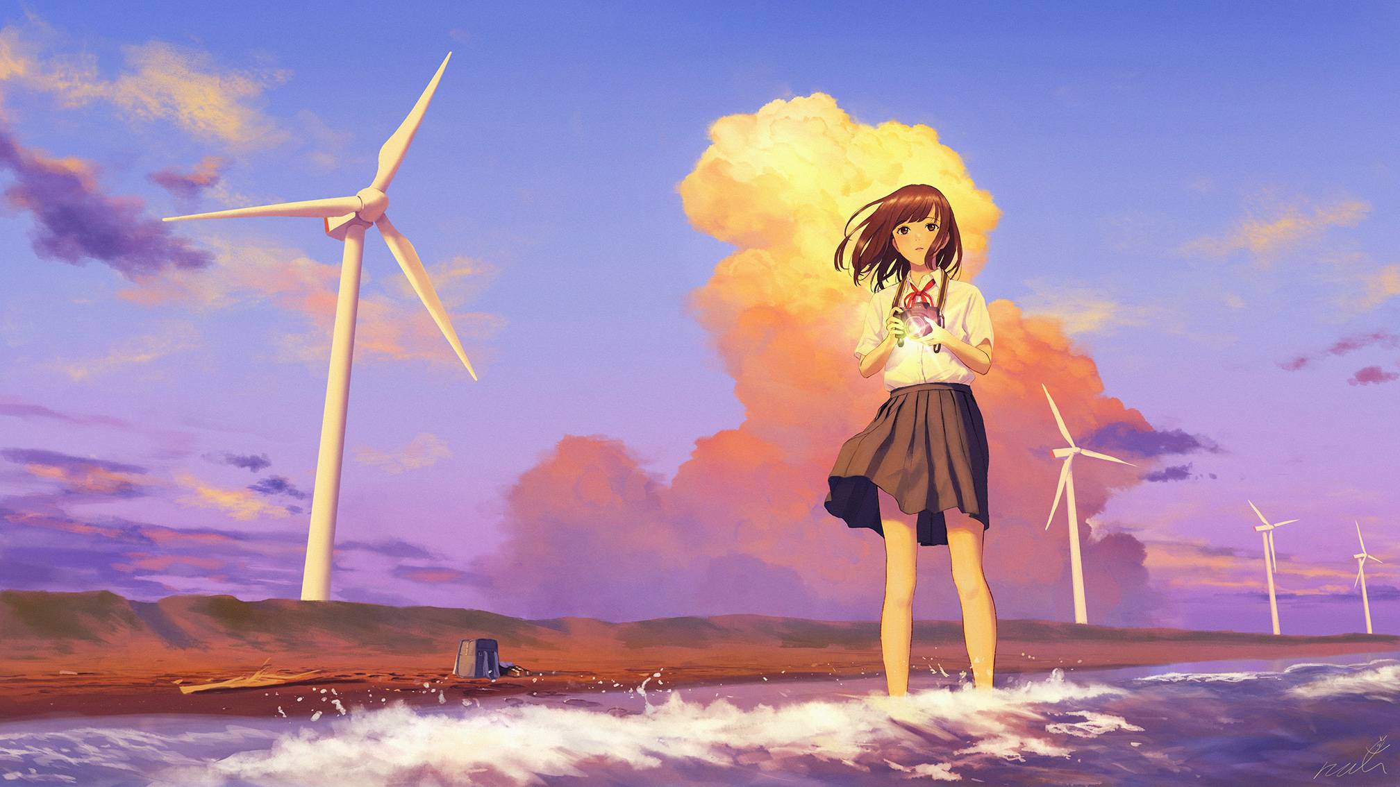 A woman standing in the water with windmills behind her - Anime, farm, HD, anime girl