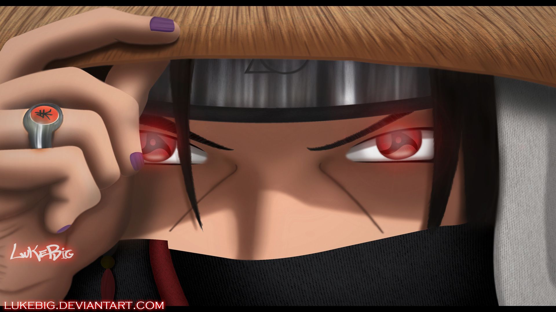 A picture of a girl with red eyes from the anime Naruto. - Itachi Uchiha