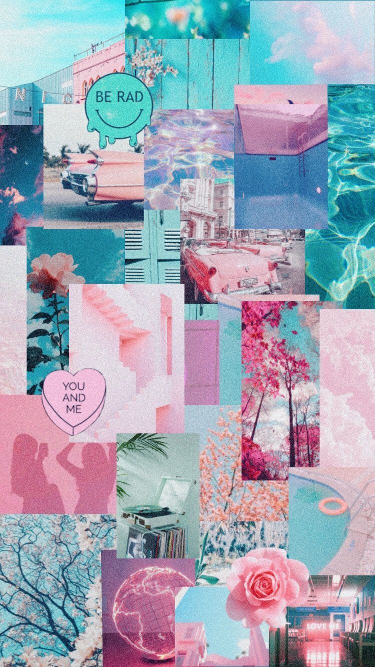 A collage of pictures with pink and blue - Pink, happy, pink collage