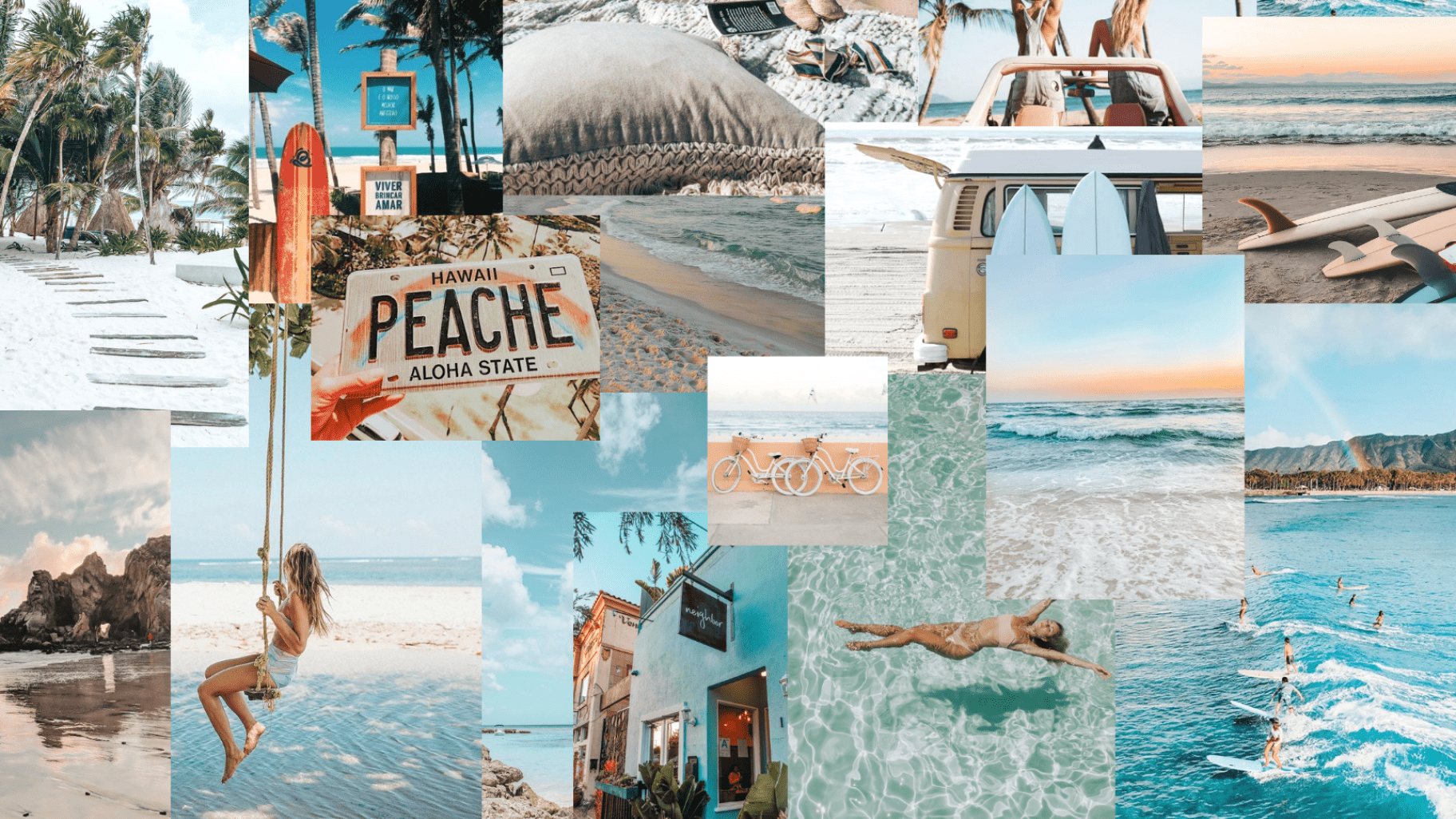 A collage of photos including the ocean, a beach, a car, and a license plate that says 