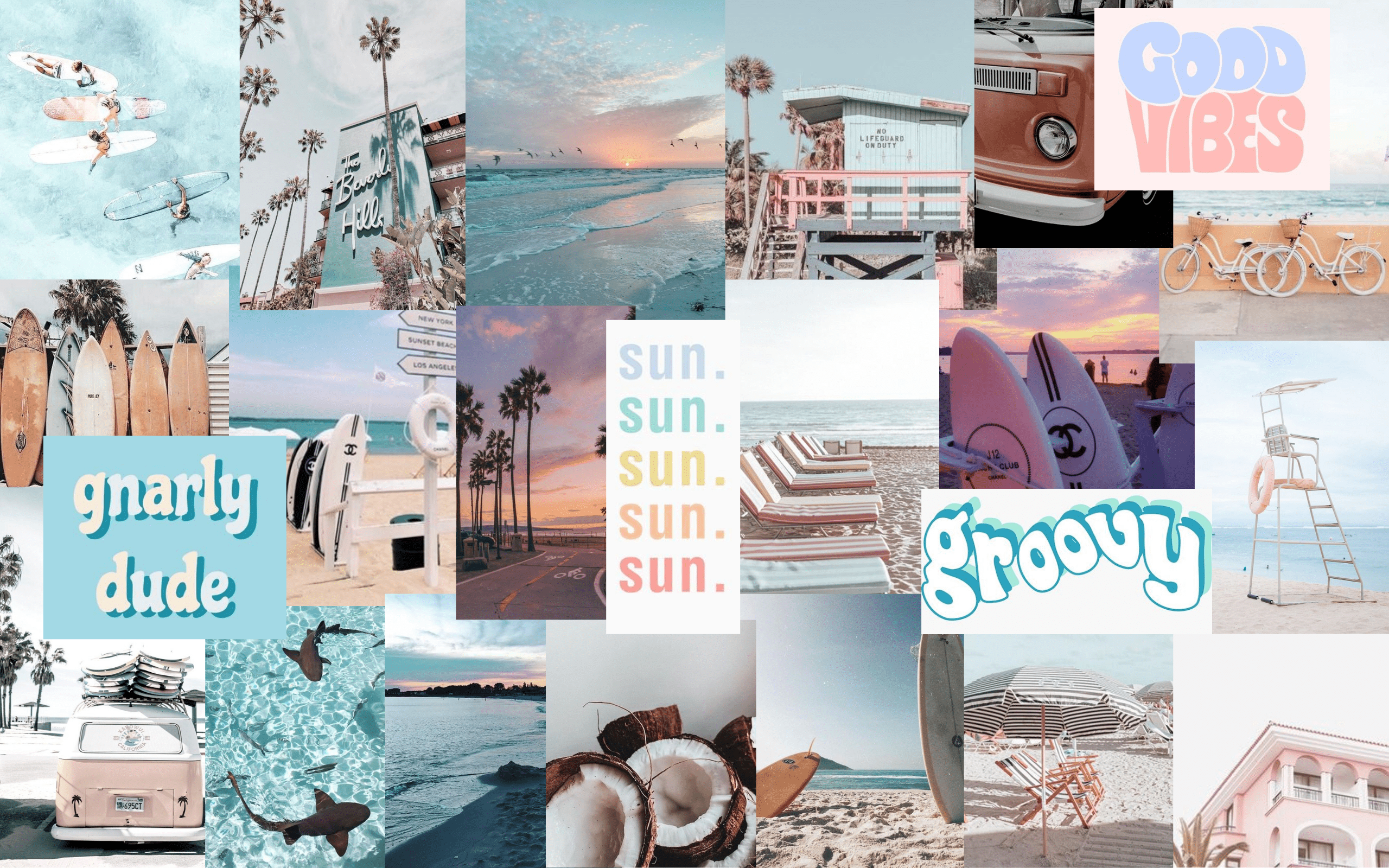 A collage of pictures with different beach scenes - Beach, iMac, summer, pastel, collage