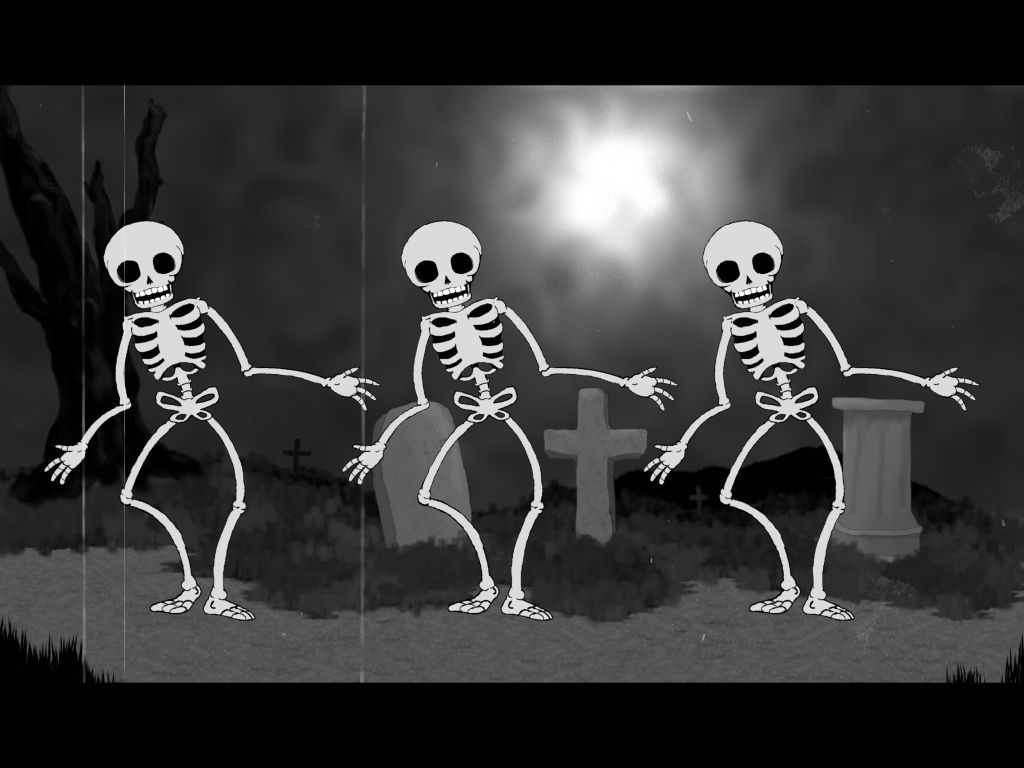 A black and white image of three skeletons dancing - Skeleton
