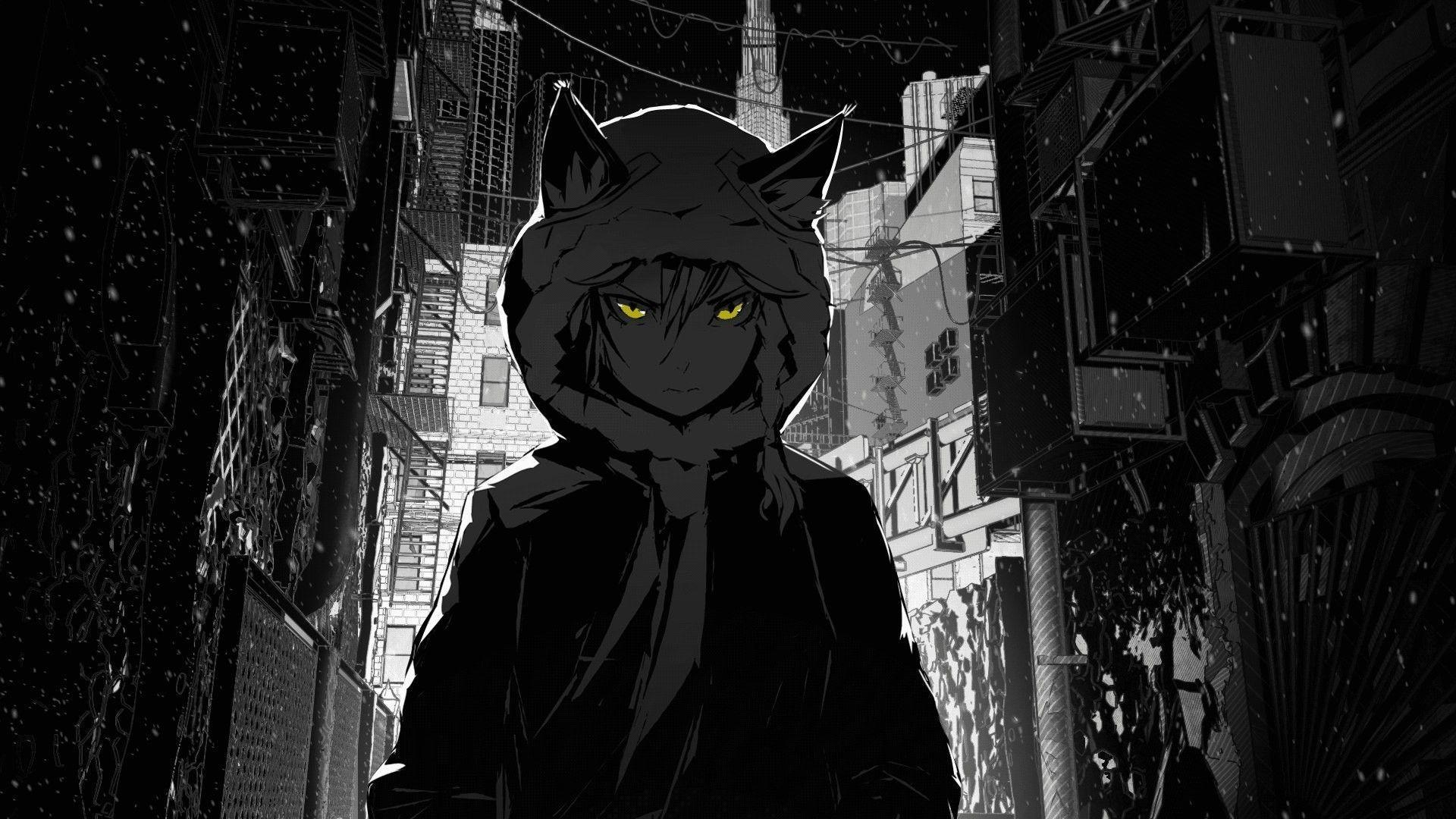 A wolf boy with yellow eyes in a black and white alleyway - Anime, dark anime, black anime