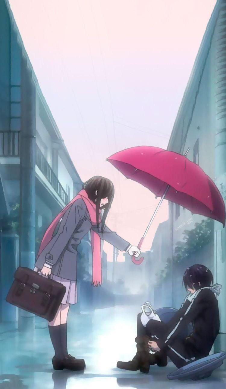 Anime girl holding an umbrella for a boy - Anime