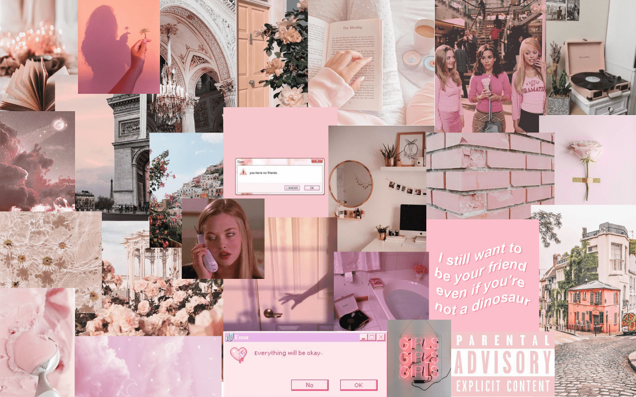 A collage of pink aesthetic pictures including flowers, photos of women, and a screenshot of a website. - MacBook, pink collage