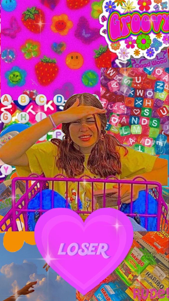 A colorful image with a girl in a shopping cart and the word 