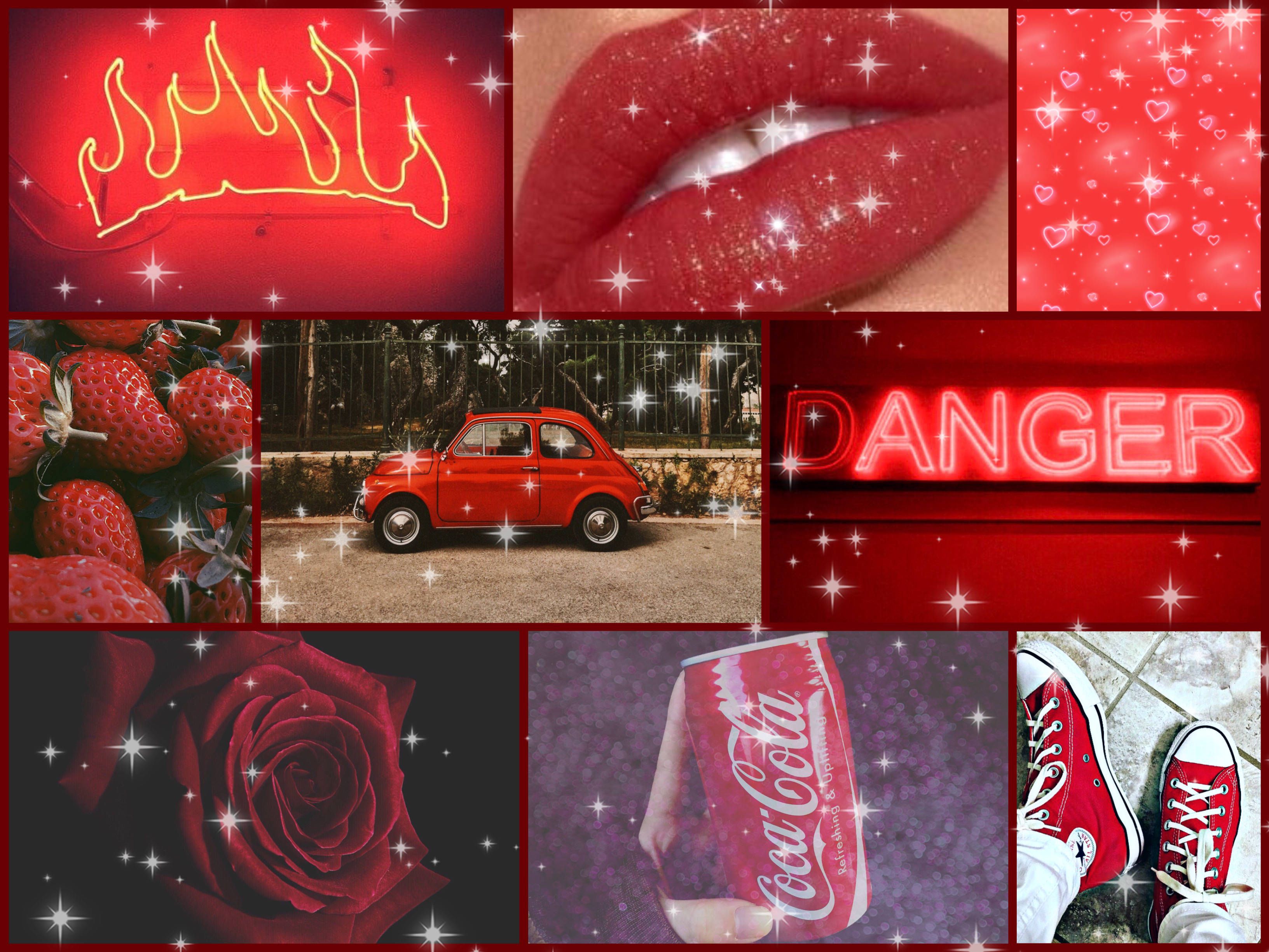 Aesthetic red collage with red car, red rose, red converse, danger sign, and red neon fire sign. - Red