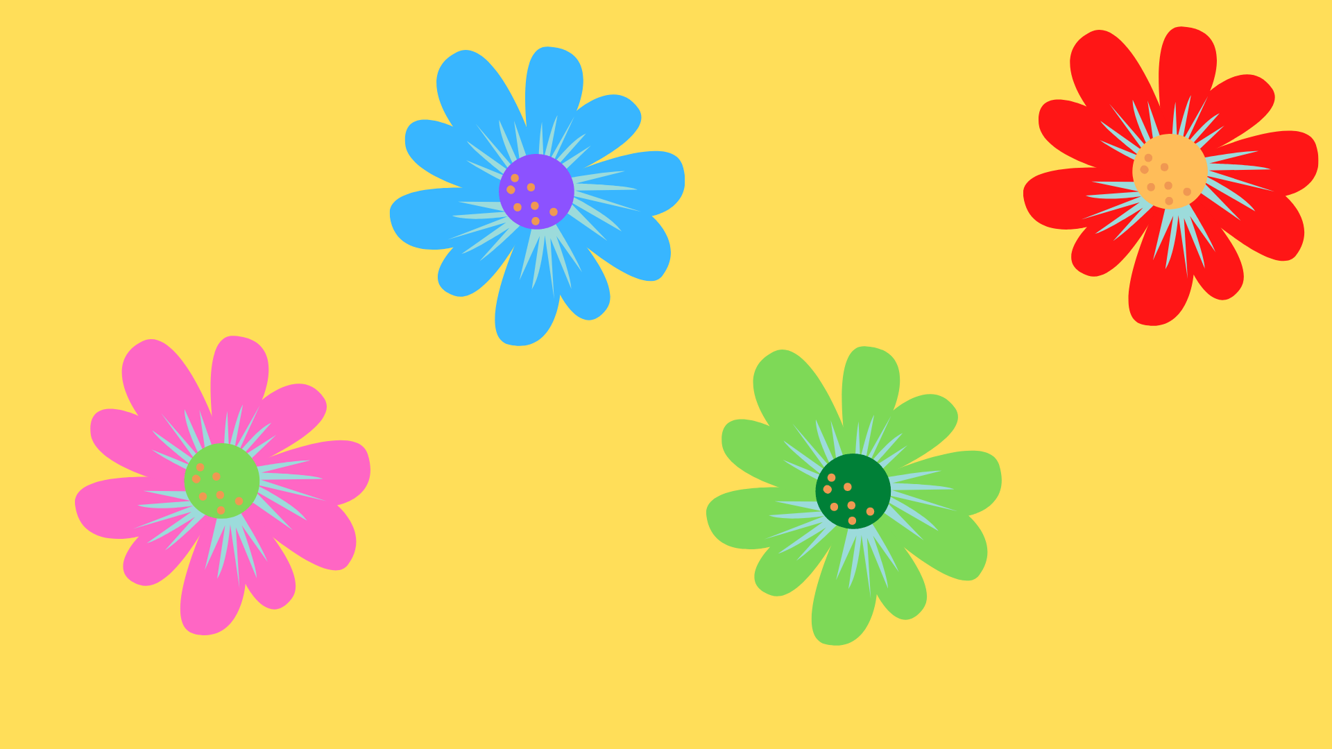 A yellow background with four different colored flowers - Indie
