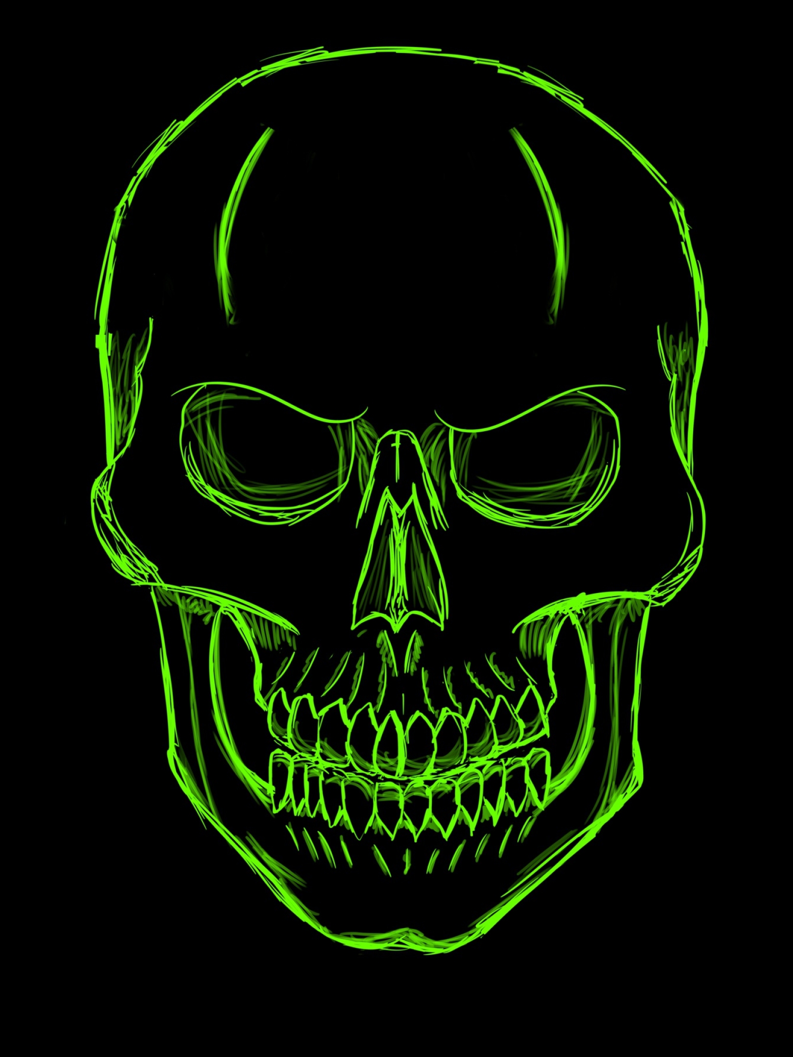 A green skull with glowing eyes on black background - Skeleton