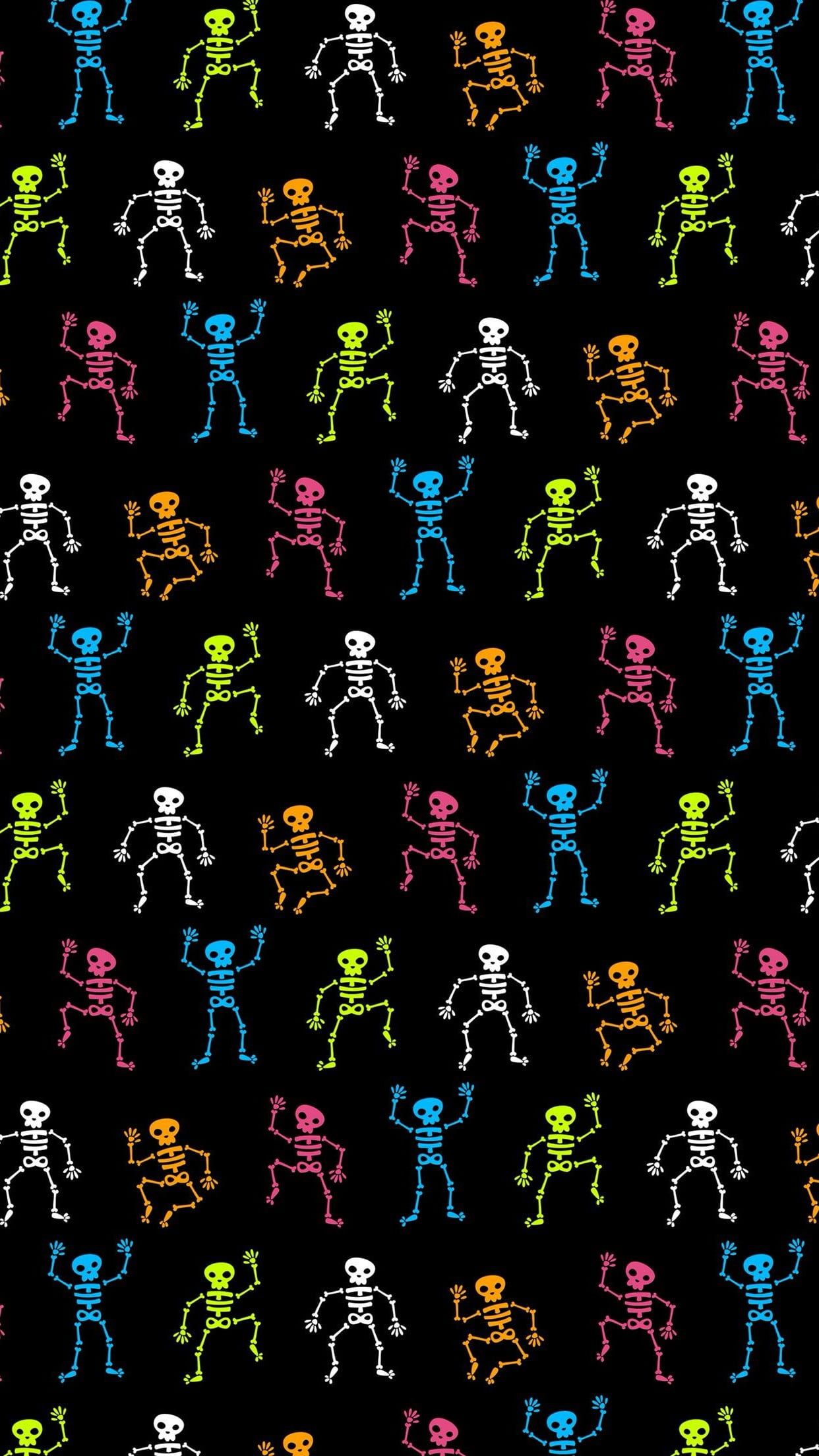 A black wallpaper with colorful skeletons. - Skeleton