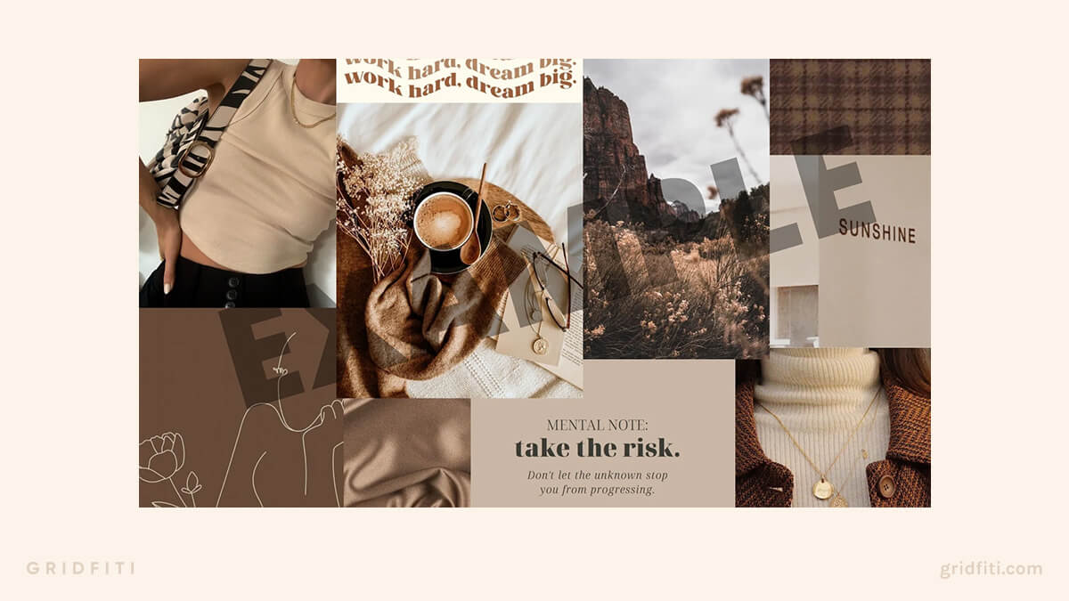A collage of images with the words take on risk - Collage, brown