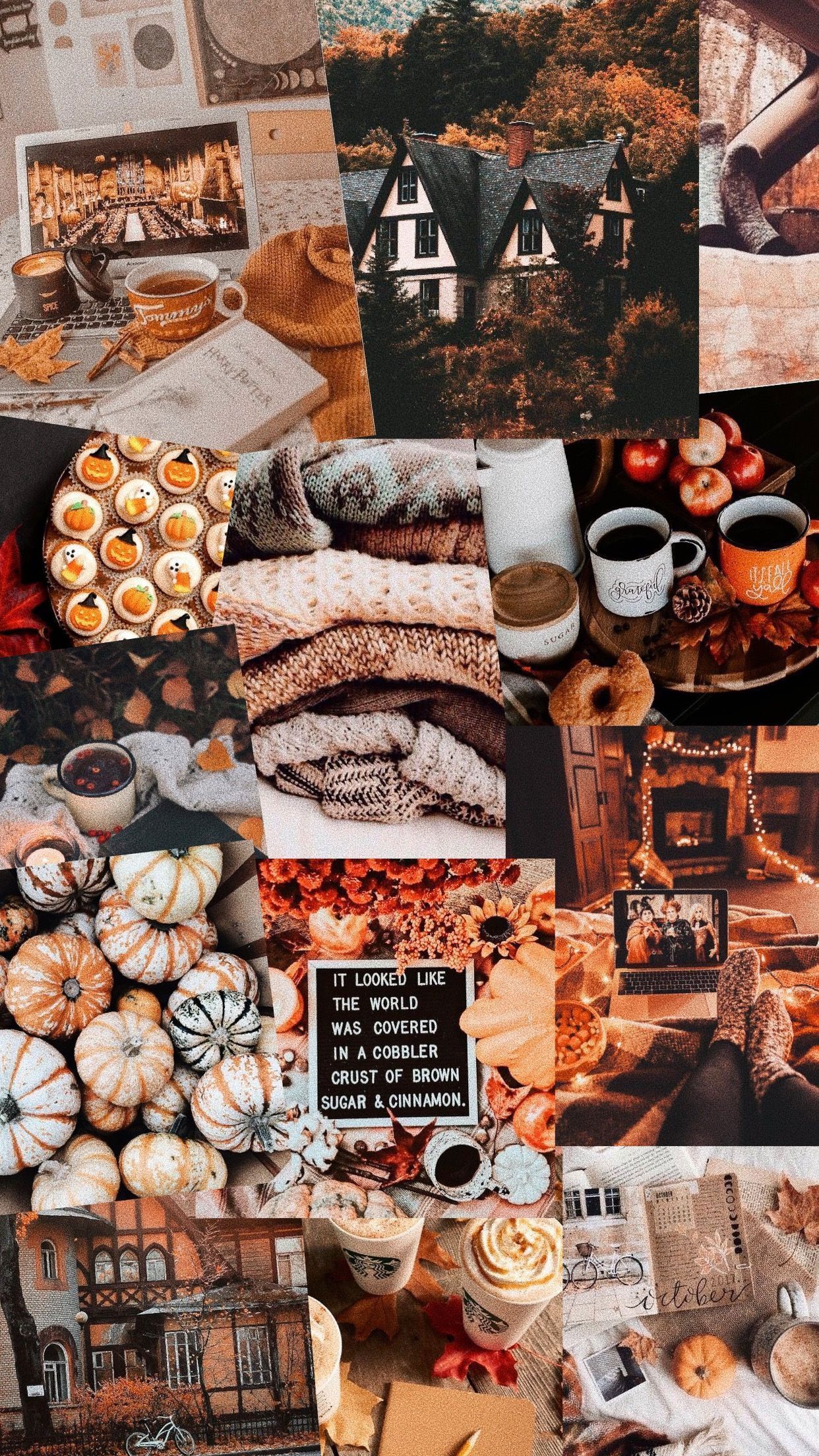 Aesthetic wallpaper collage of fall photos, including a house, pumpkins, and coffee. - Fall, collage, October, cute fall