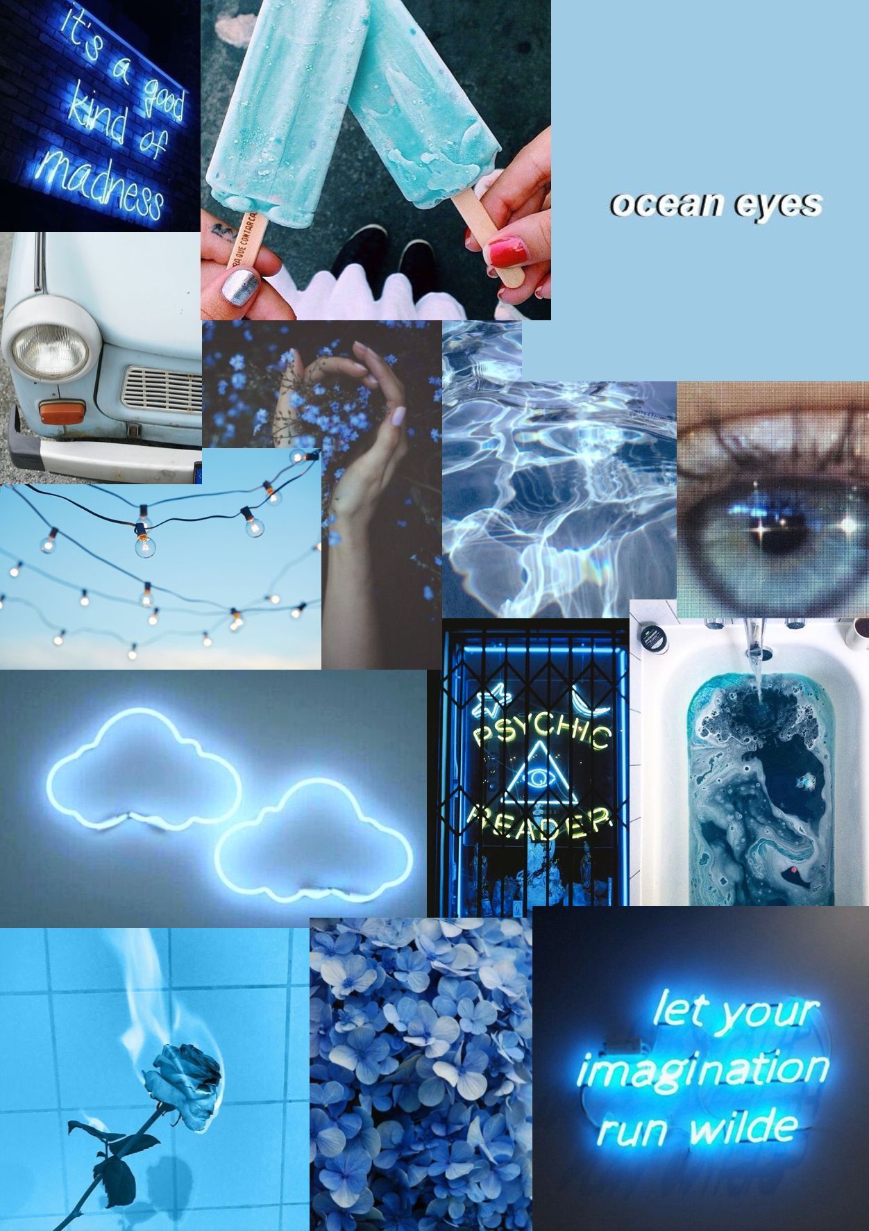 A collage of pictures with blue and white - Blue, collage