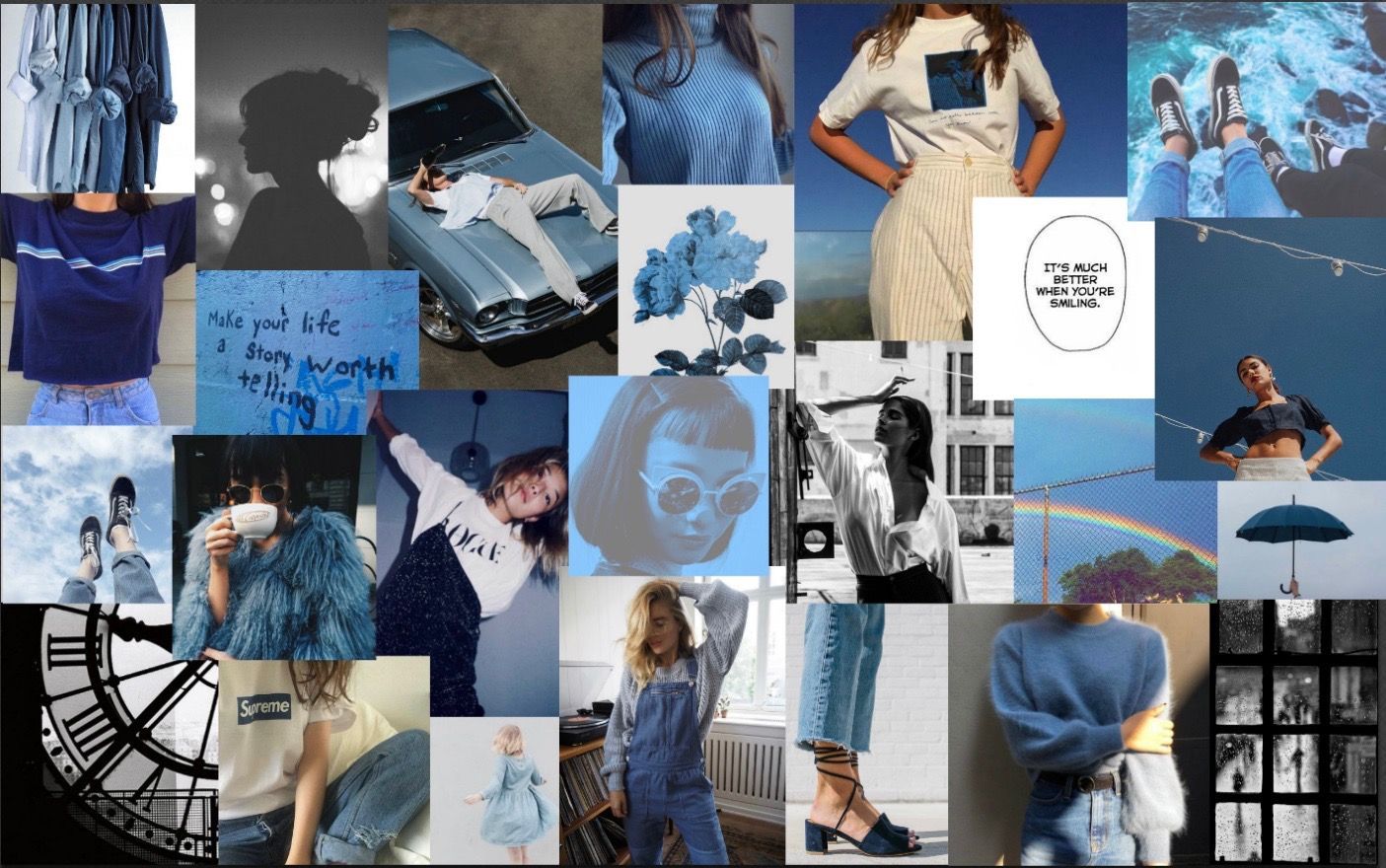 A collage of blue and white photos including people, cars, and an umbrella. - Collage