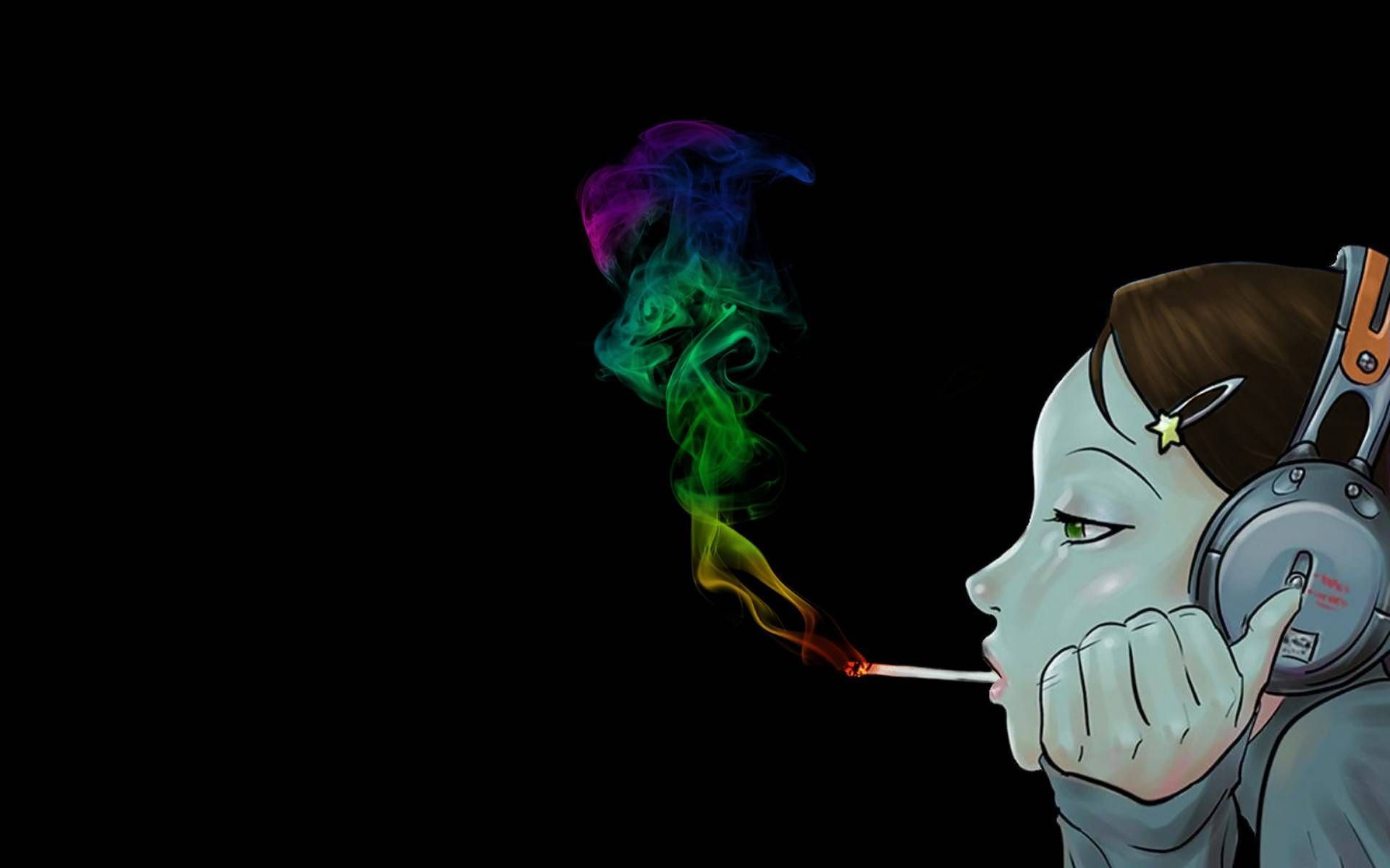 A cartoon character with headphones and smoke - Music