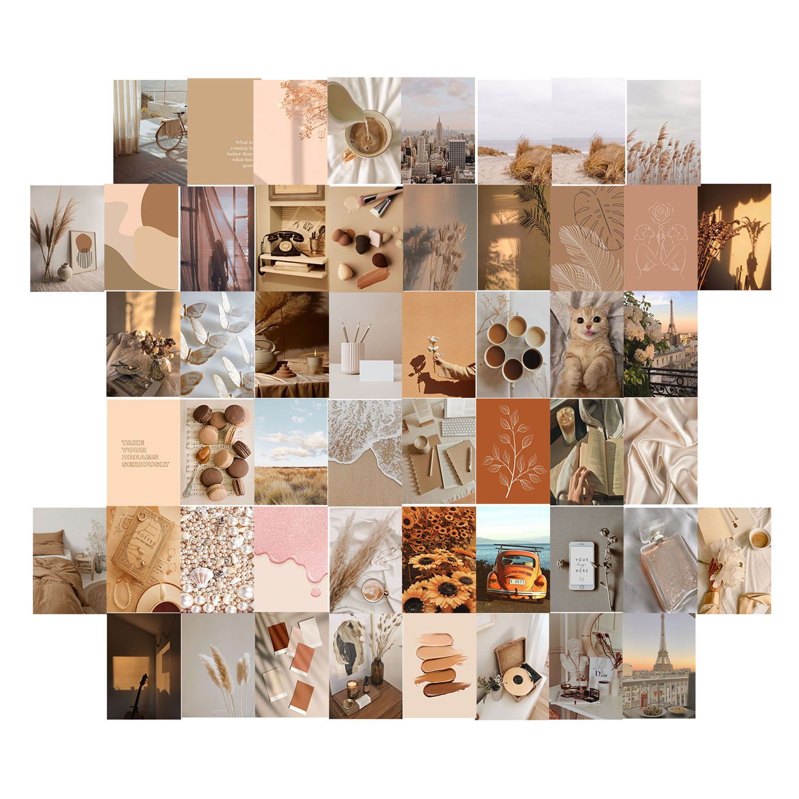 A collage of photos in warm neutral tones, including beige, brown, and pink. - Collage