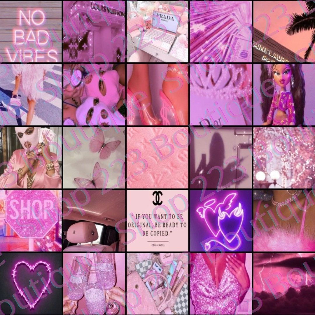 Aesthetic pink collage background with a grid of 30 photos - Collage, neon pink, hot pink, glitter