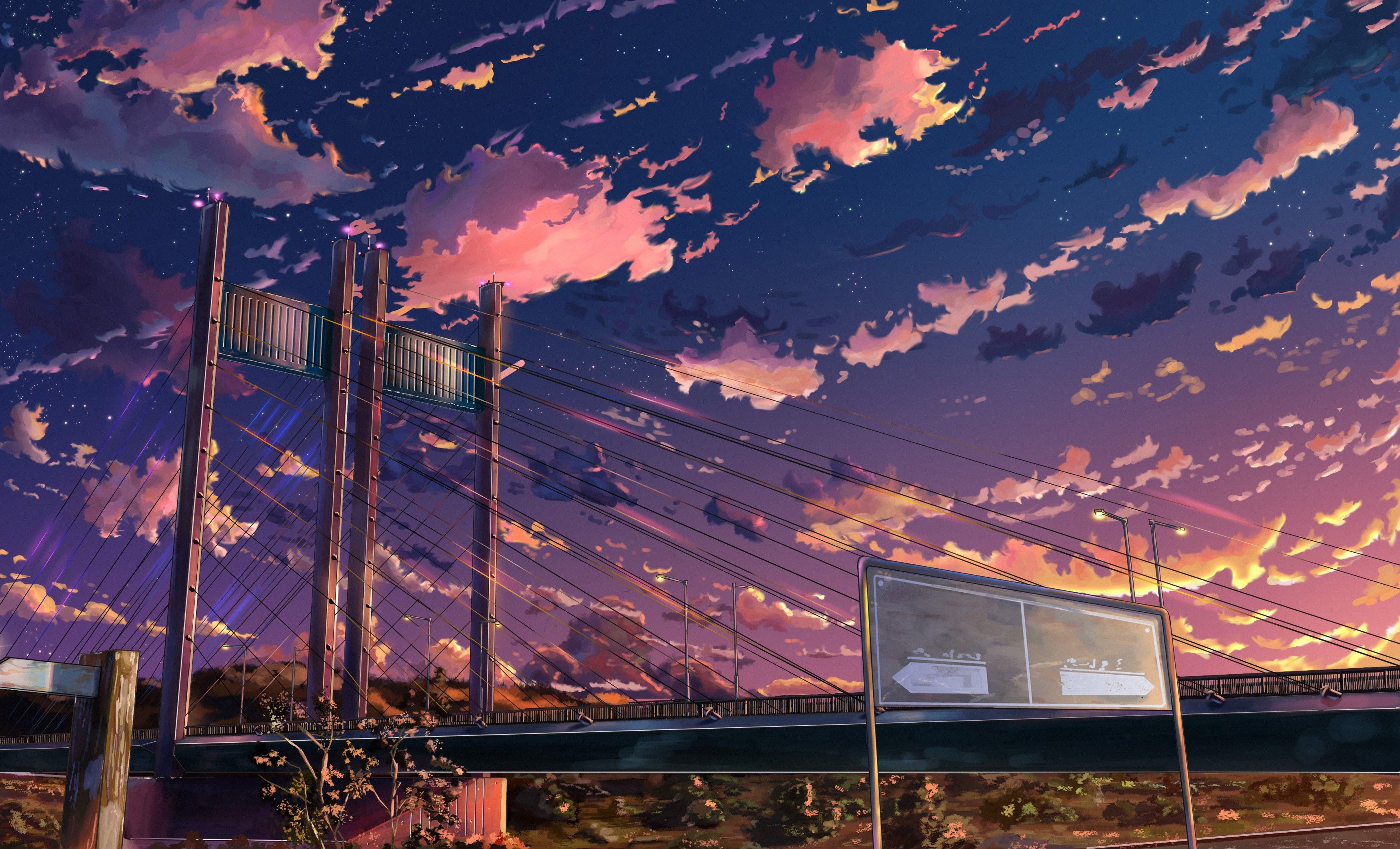 anime, Nobody, clouds, stars, sunset, sky Gallery HD Wallpaper