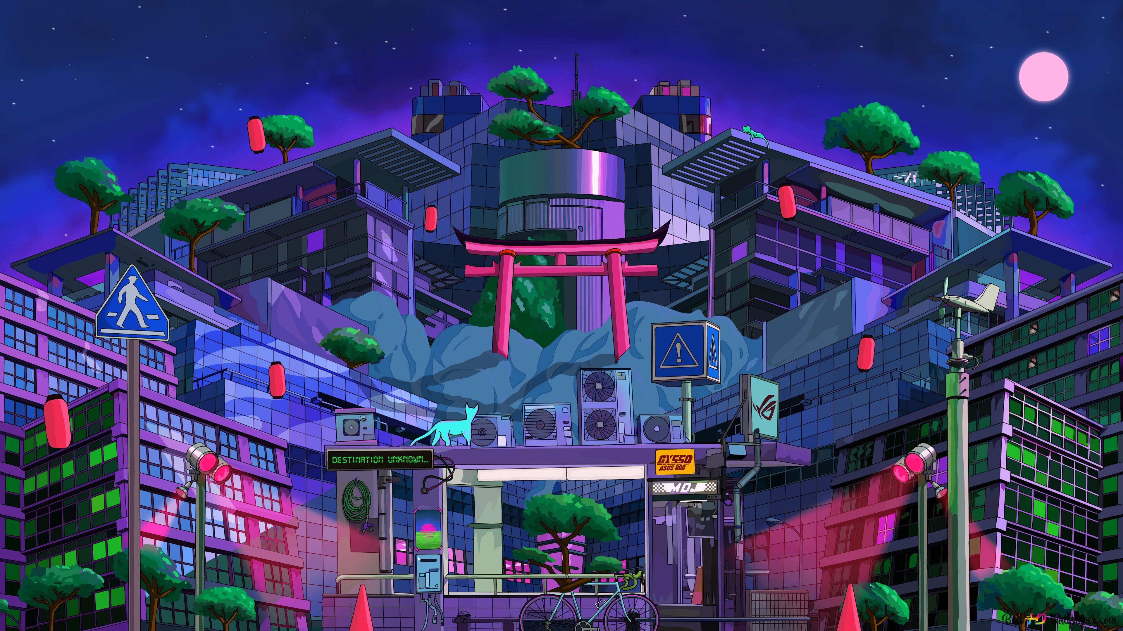 A cyberpunk city at night with a torii gate - Cyberpunk