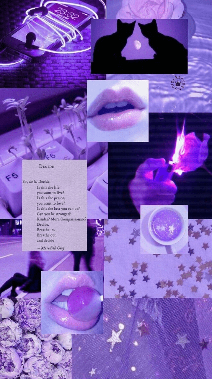 A collage of purple images including lips, stars, and the words Decide, Decide, Decide. - Collage