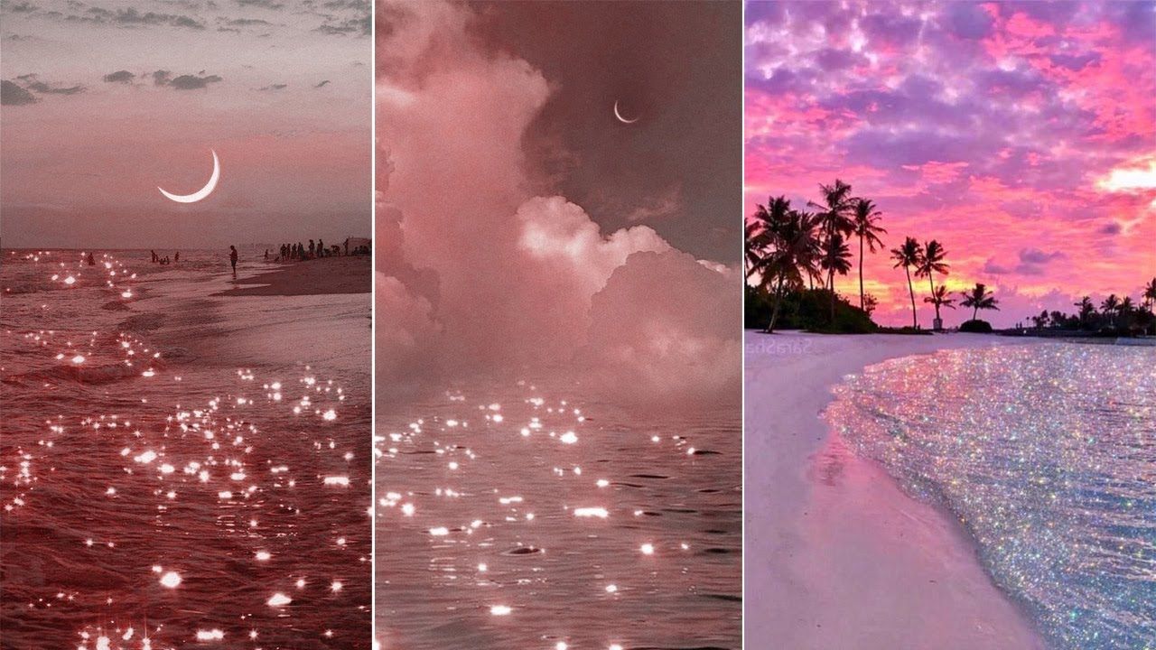 Three photos of the beach at sunset, with pink and purple hues and sparkles in the water. - Collage