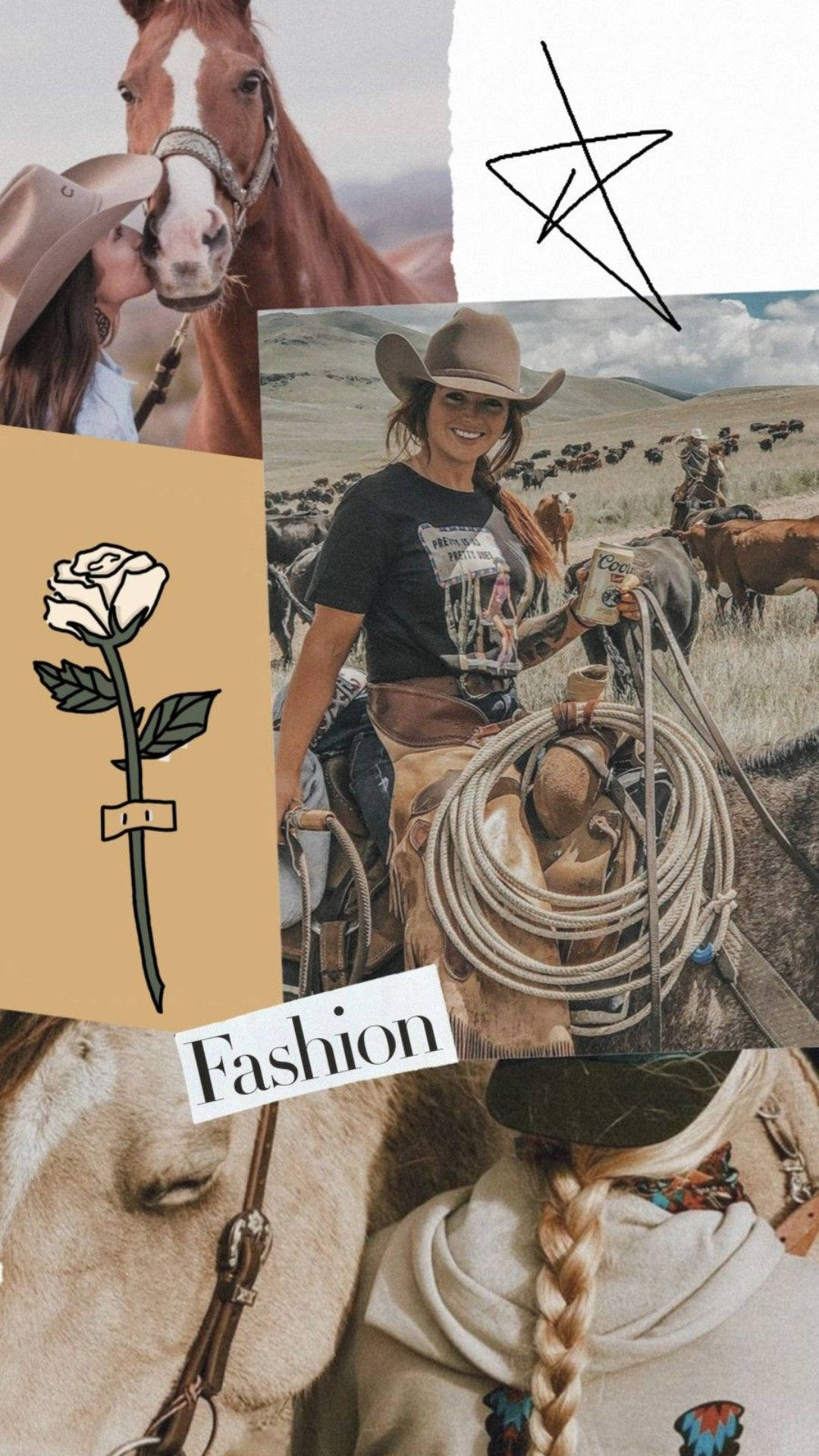 A collage of a woman in a cowboy hat with a horse, a girl kissing a horse, and a fashion illustration of a flower. - Cowgirl