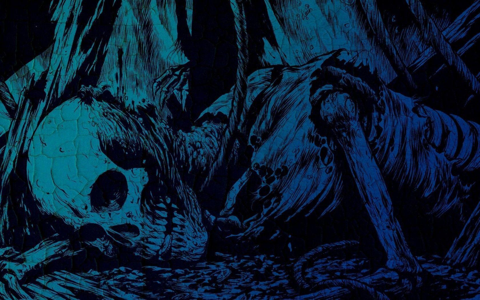 Blue anime wallpaper featuring a giant wolf emerging from a cave with a skull - Skeleton