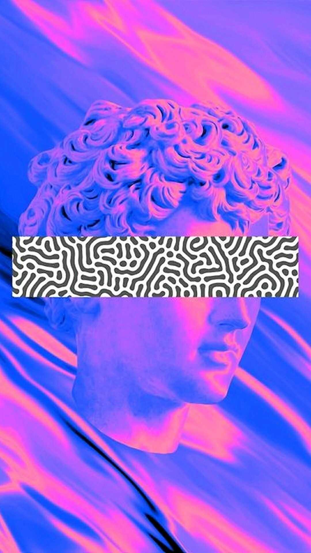 IPhone wallpaper of a sculpture with a neon purple and blue background - Vaporwave, Greek statue