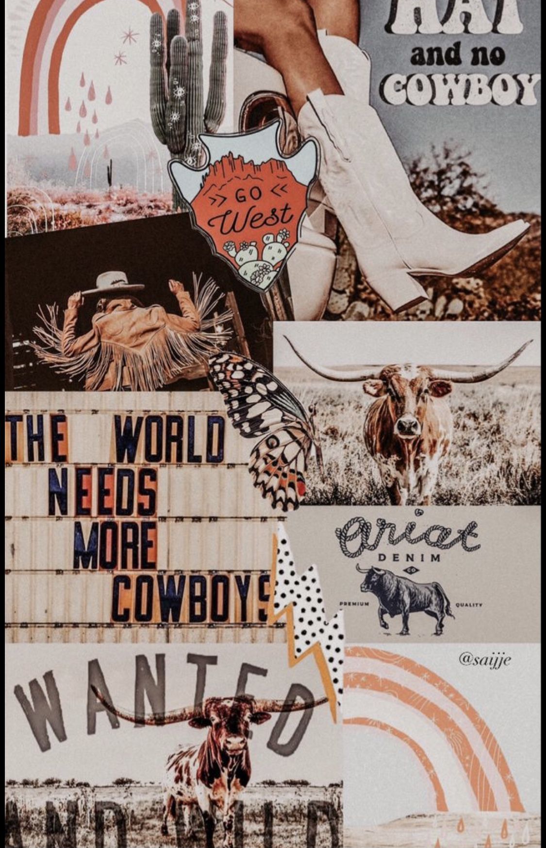 A collage of images including a cowboy boot, a cactus, and a sign that says 