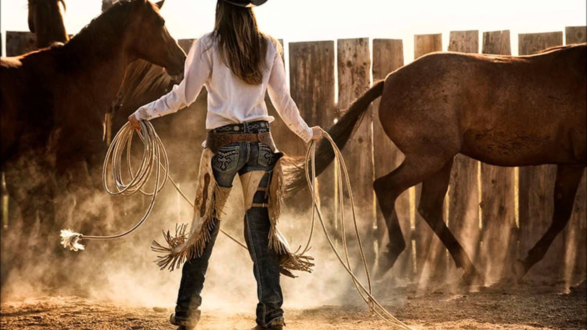 Download Country Western Cowgirl Two Horses Wallpaper