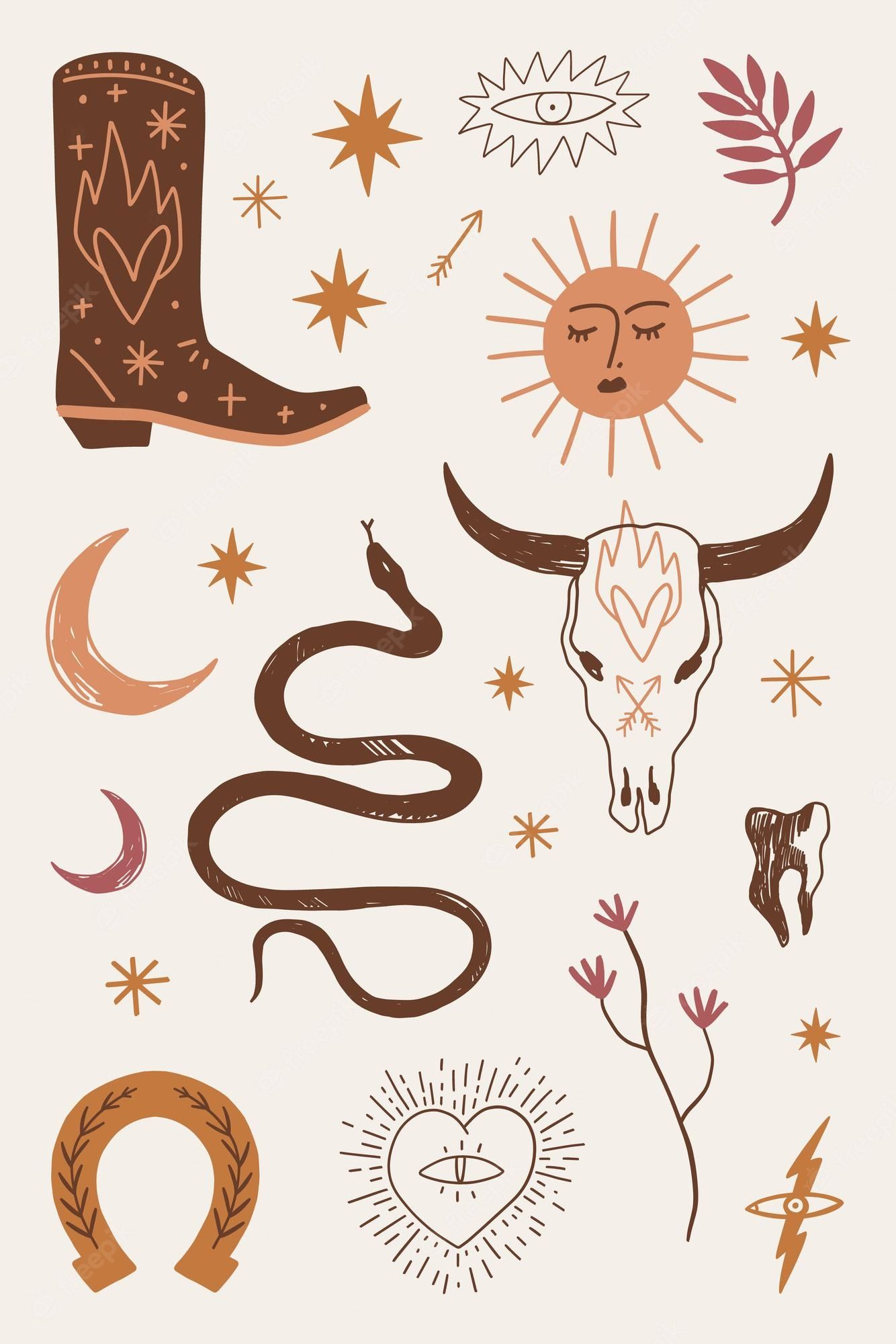 An illustration of cowboy boots, a snake, a bull skull, and other items - Cowgirl