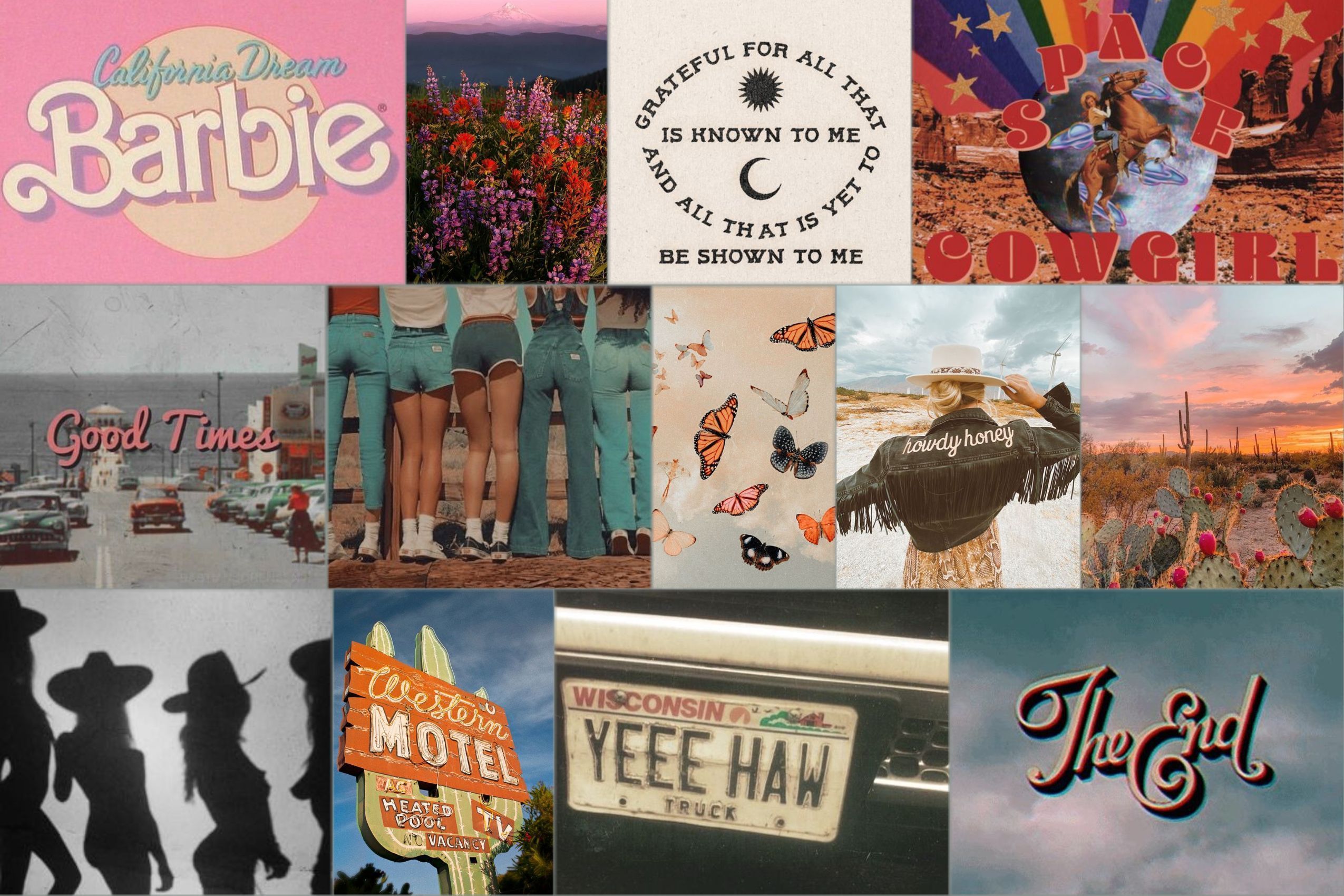 A collage of photos including a car plate, a sunset, a motel sign, and the words 