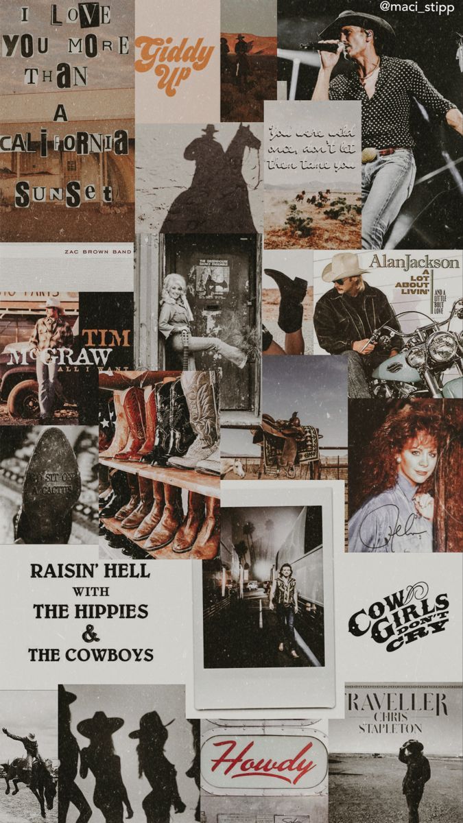 A collage of western photos including cowboys, boots, and album covers - Cowgirl