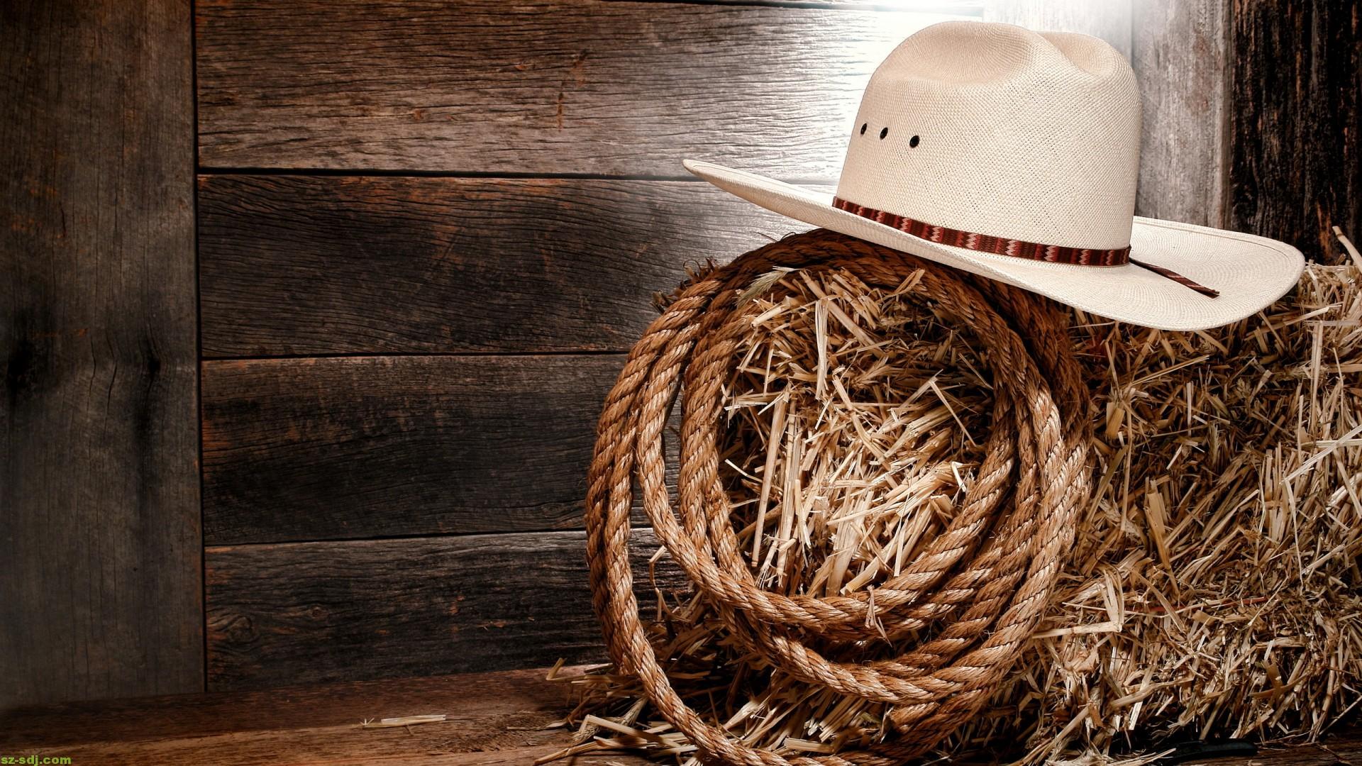 A white cowboy hat on a bale of hay in a barn - Cowgirl, western
