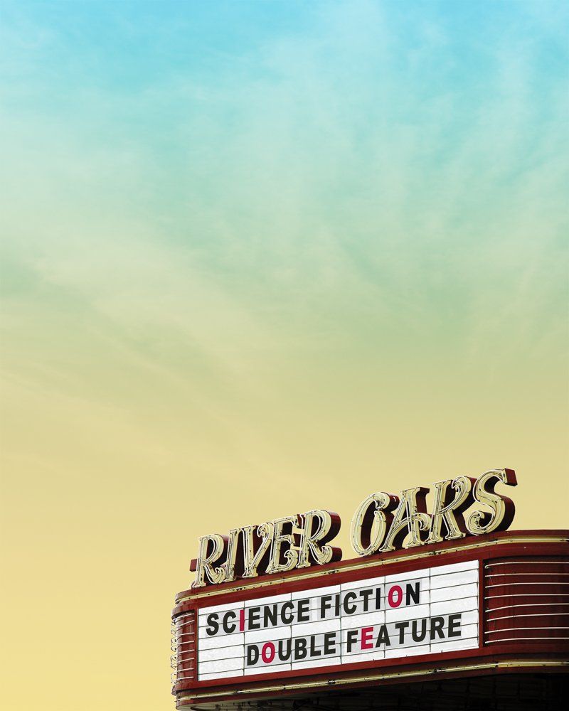 A sign that says river cars science fiction double feature - 60s, Texas