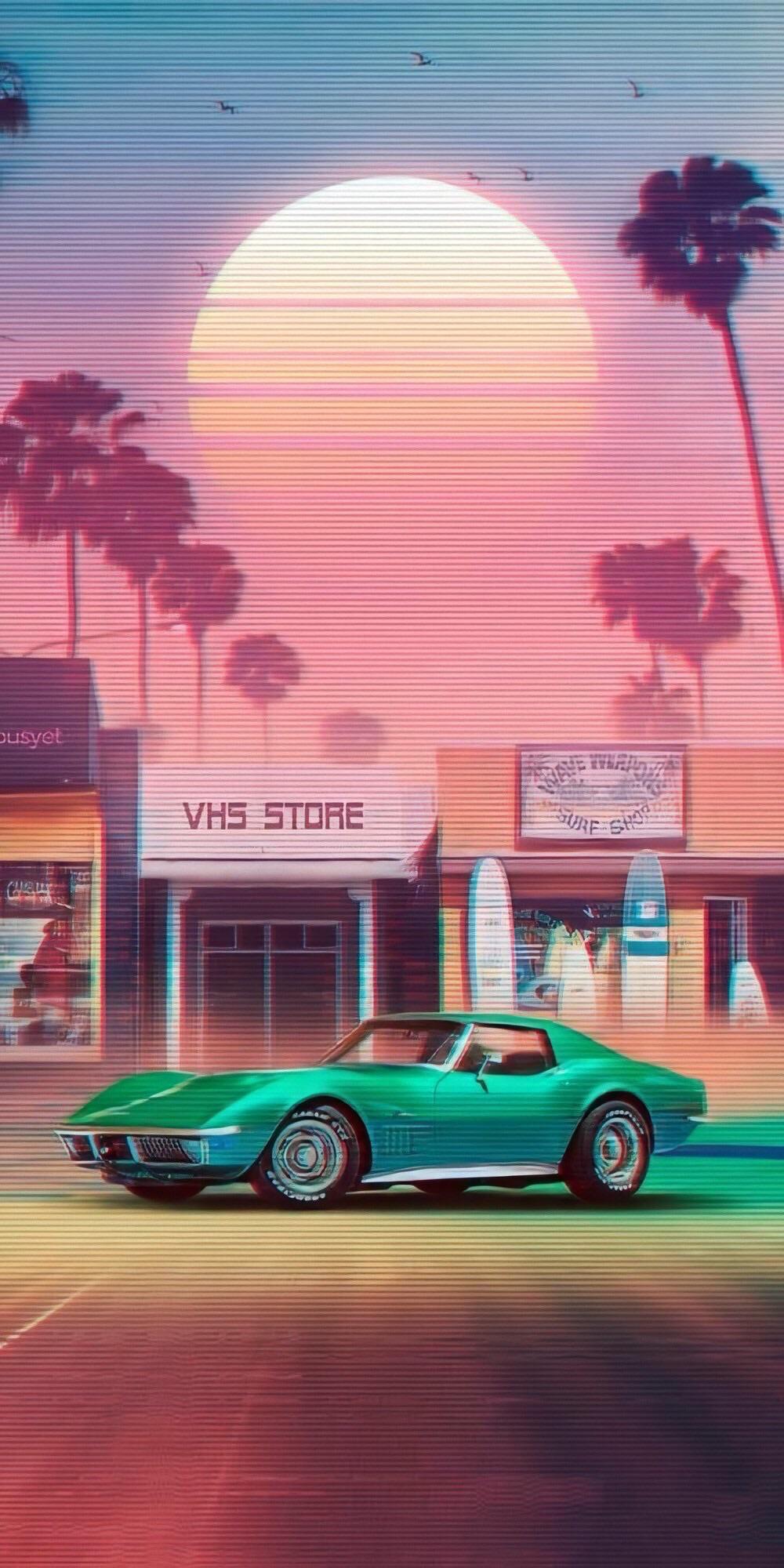 A digital painting of a green sports car in front of a store with palm trees and a sunset in the background - 80s