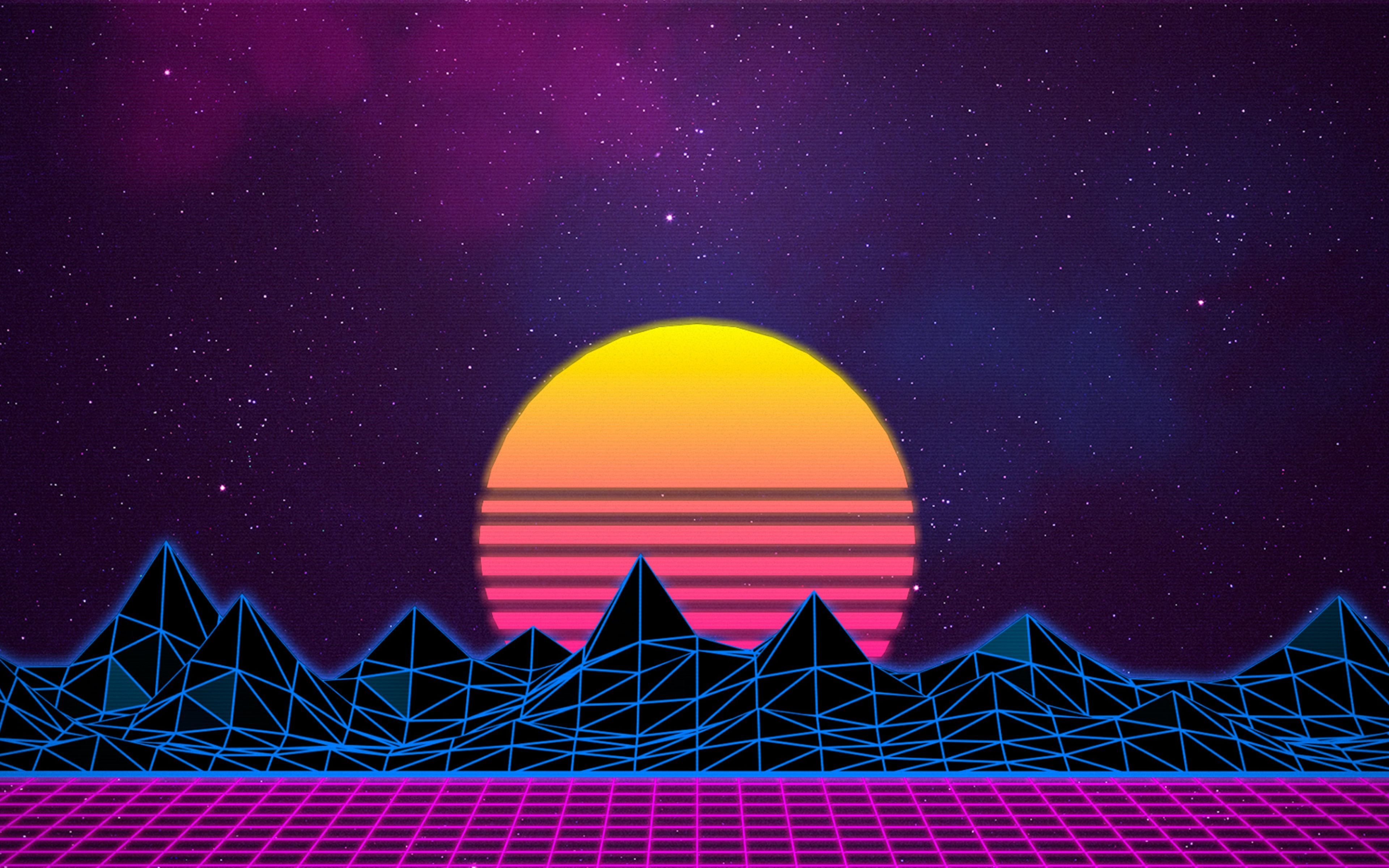 Synthwave sunset wallpaper with mountains and a grid - 80s, gaming