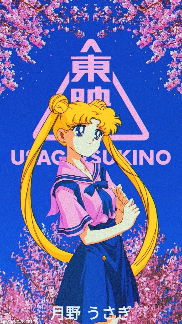A portrait of Usagi Tsukino, the main character of the Sailor Moon series, with her hands clasped in front of her. - Blue anime, 90s, 90s anime, anime