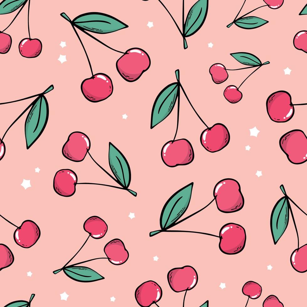 Cherry pattern with leaves and stars on a pink background - 90s, pink phone, cherry