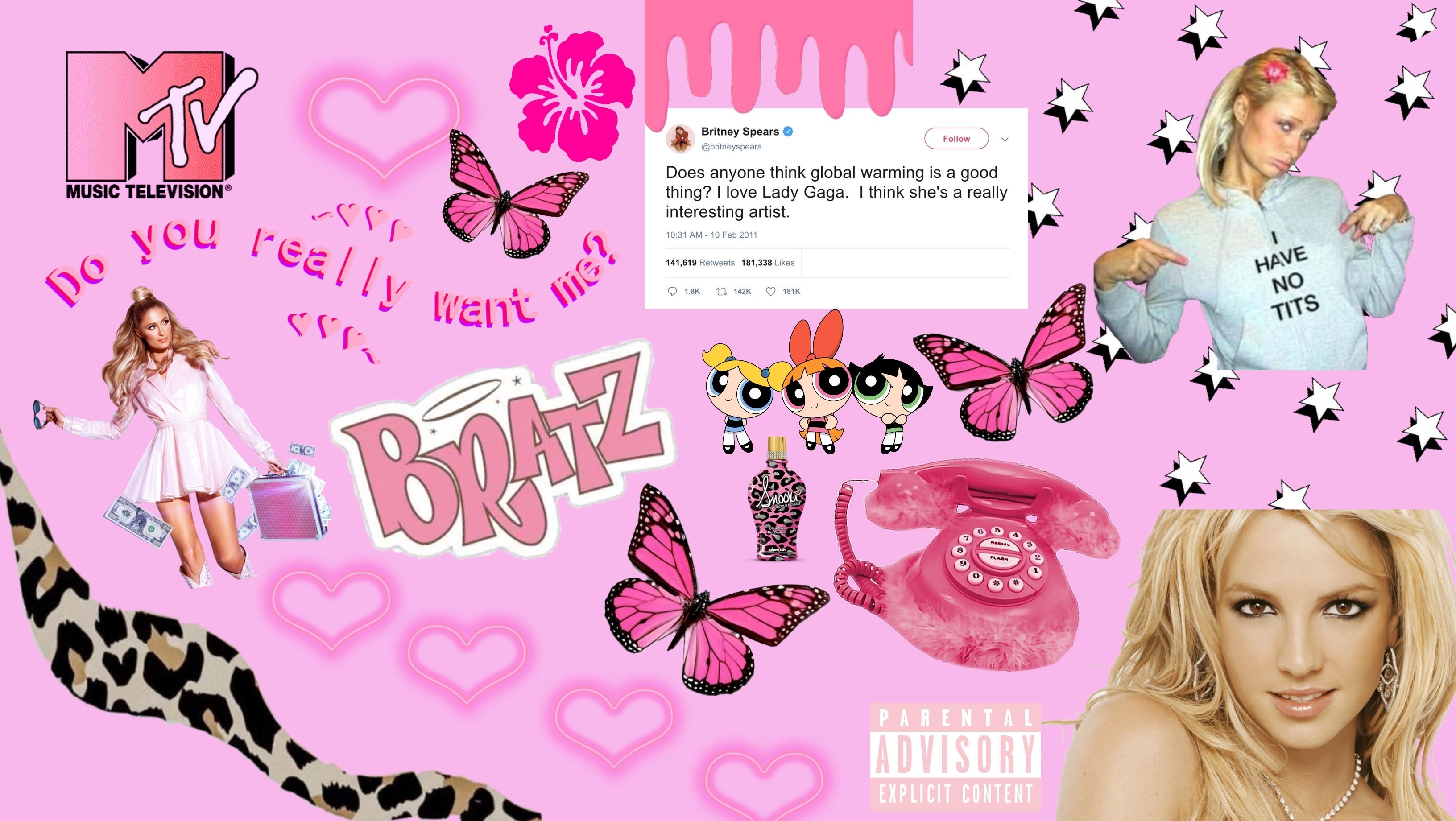 A collage of images including Britney Spears, a pink background, a tweet from mtv, a pink telephone, and the word 
