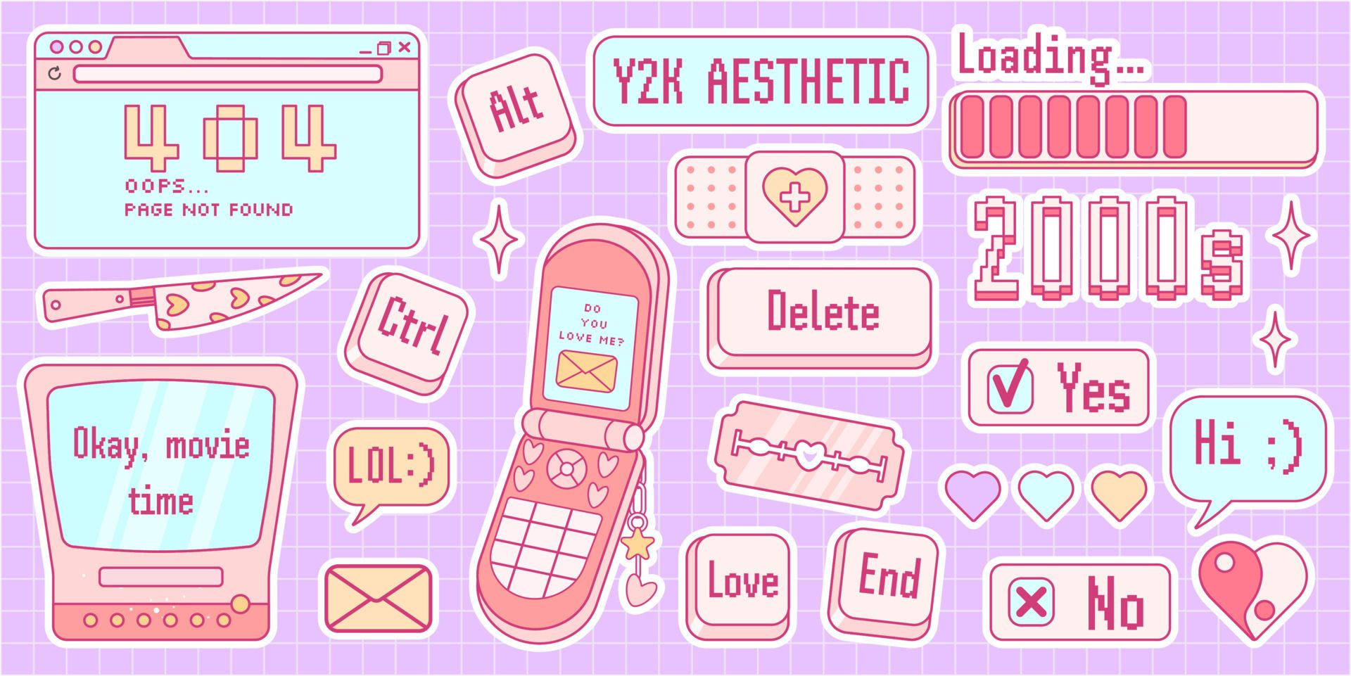 Cute sticker pack in trendy retro y2k style. Kawaii elements set. Glamour 2000s. Nostalgia for 1990s -2000s