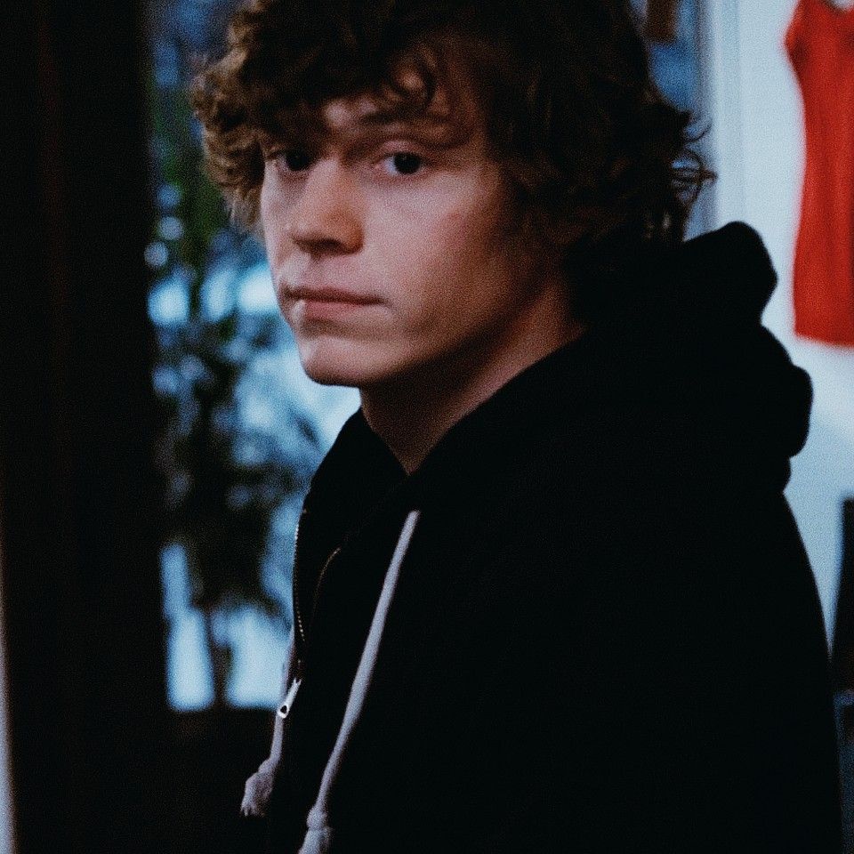 A young man with curly hair wearing a black hoodie - Evan Peters