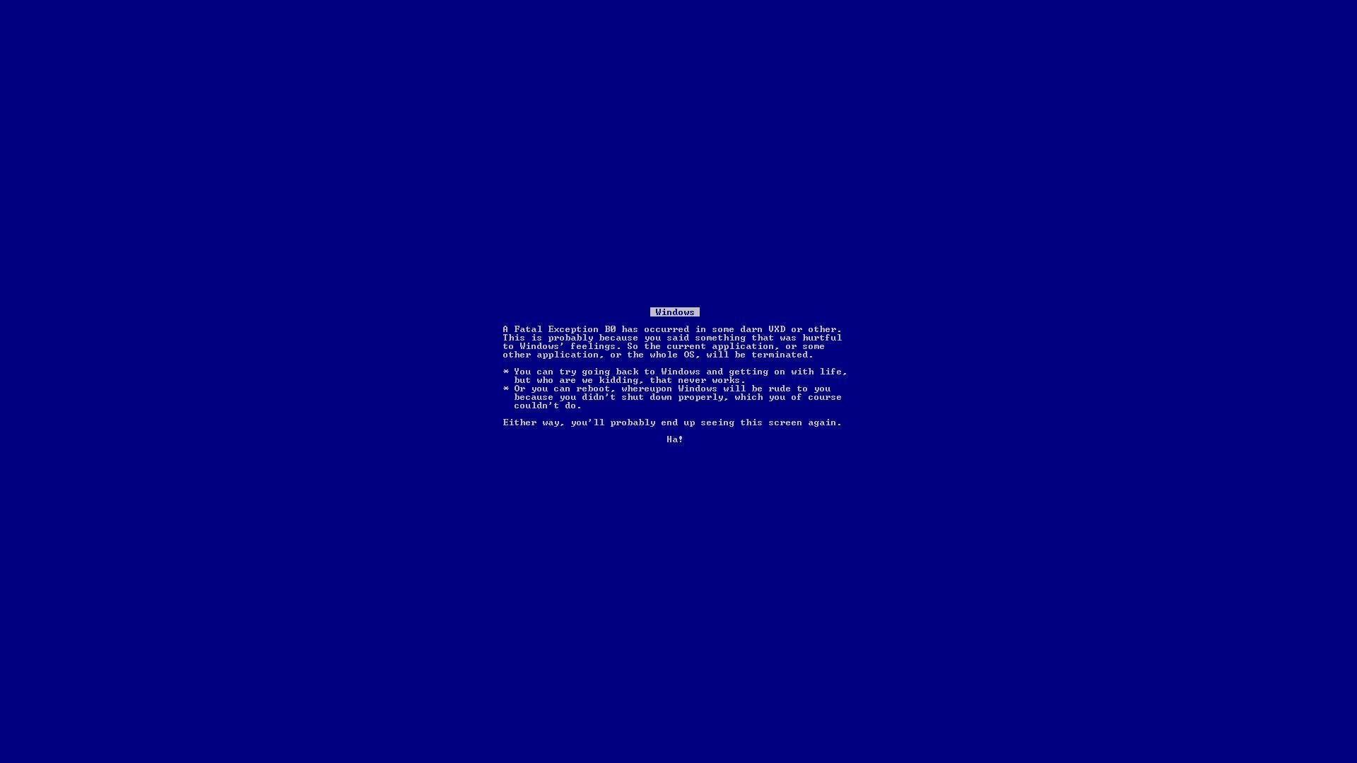 The blue screen of death on a computer - Windows 95