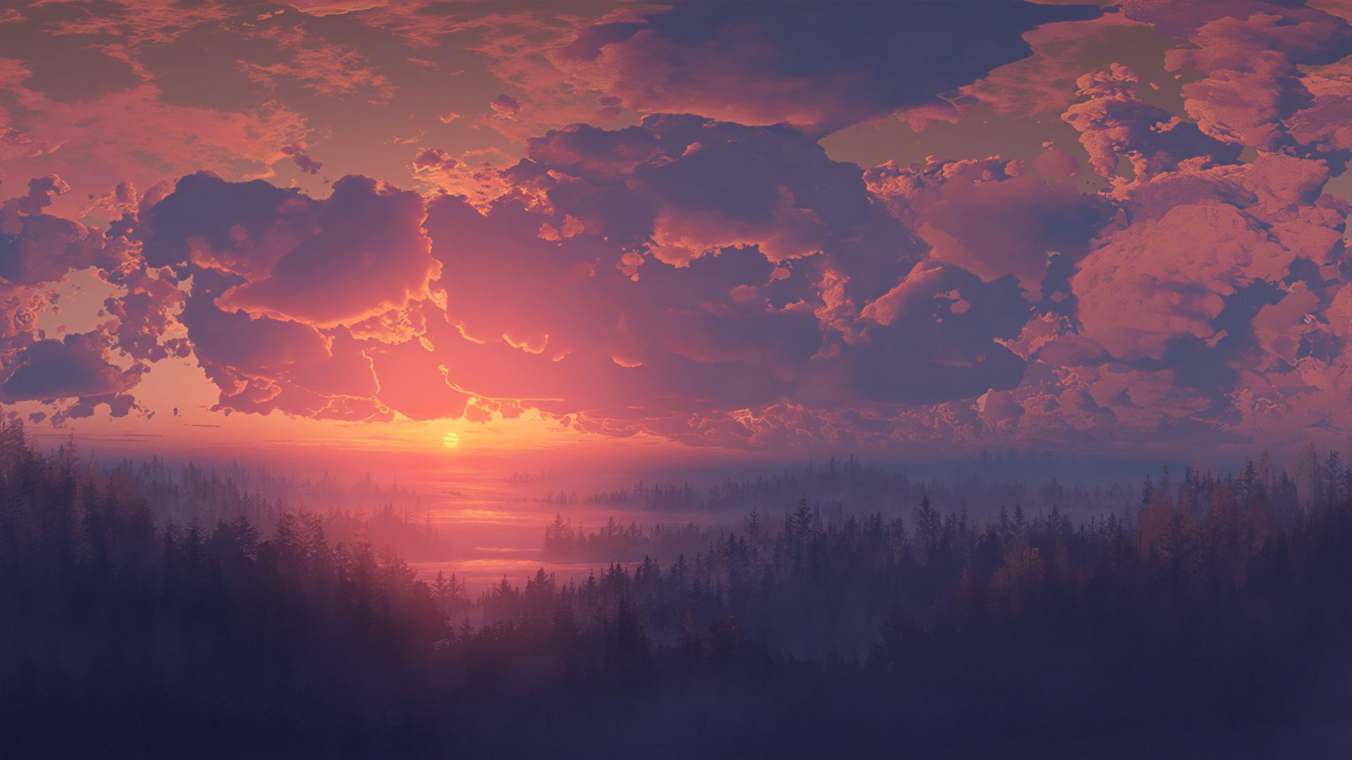 A sunset over a forest, with pink and purple clouds. - Computer