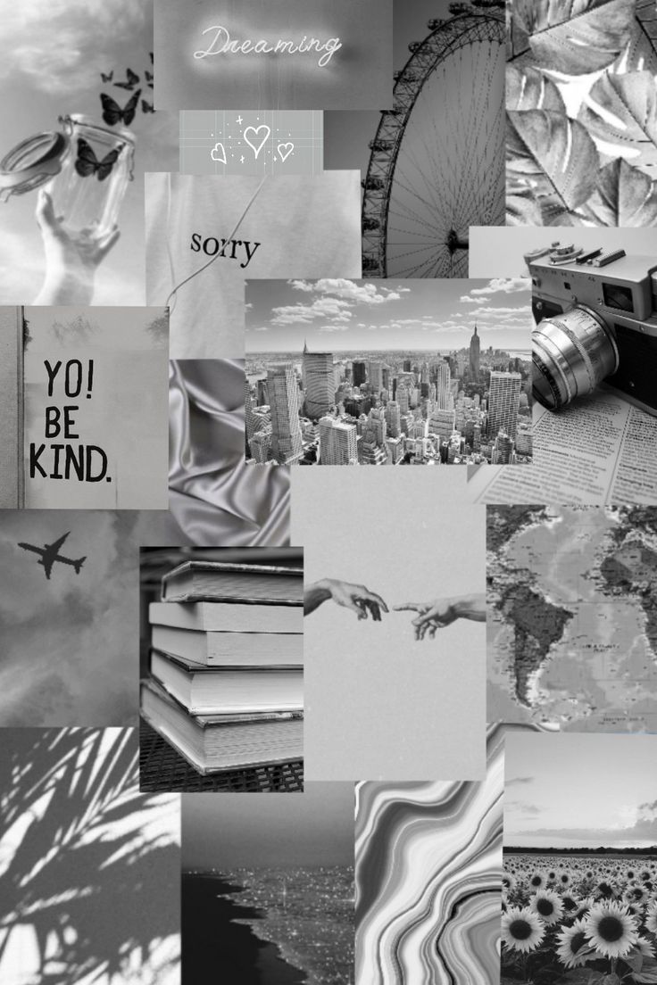 Aesthetic black and white photo collage with books, a city, a ferris wheel, and more - Gray