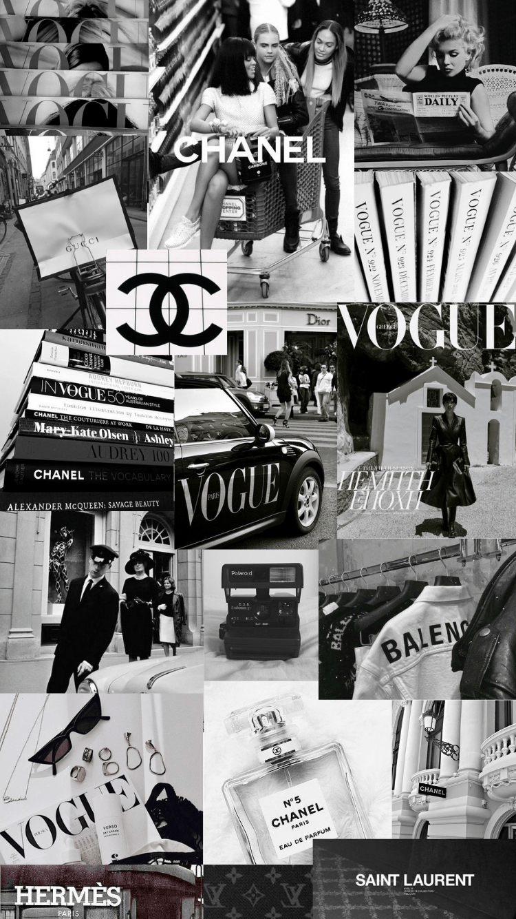 A collage of chanel and other fashion brands - Gray, Chanel